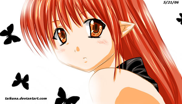 taikuna, lisianthus, shuffle!, 00s, 1girl, 2006, artist name, blush, bug, butterfly, chestnut mouth, dated, female focus, insect, long hair, looking at viewer, orange eyes, orange hair, pointy ears, portrait, solo, upper body, watermark, web address, white background