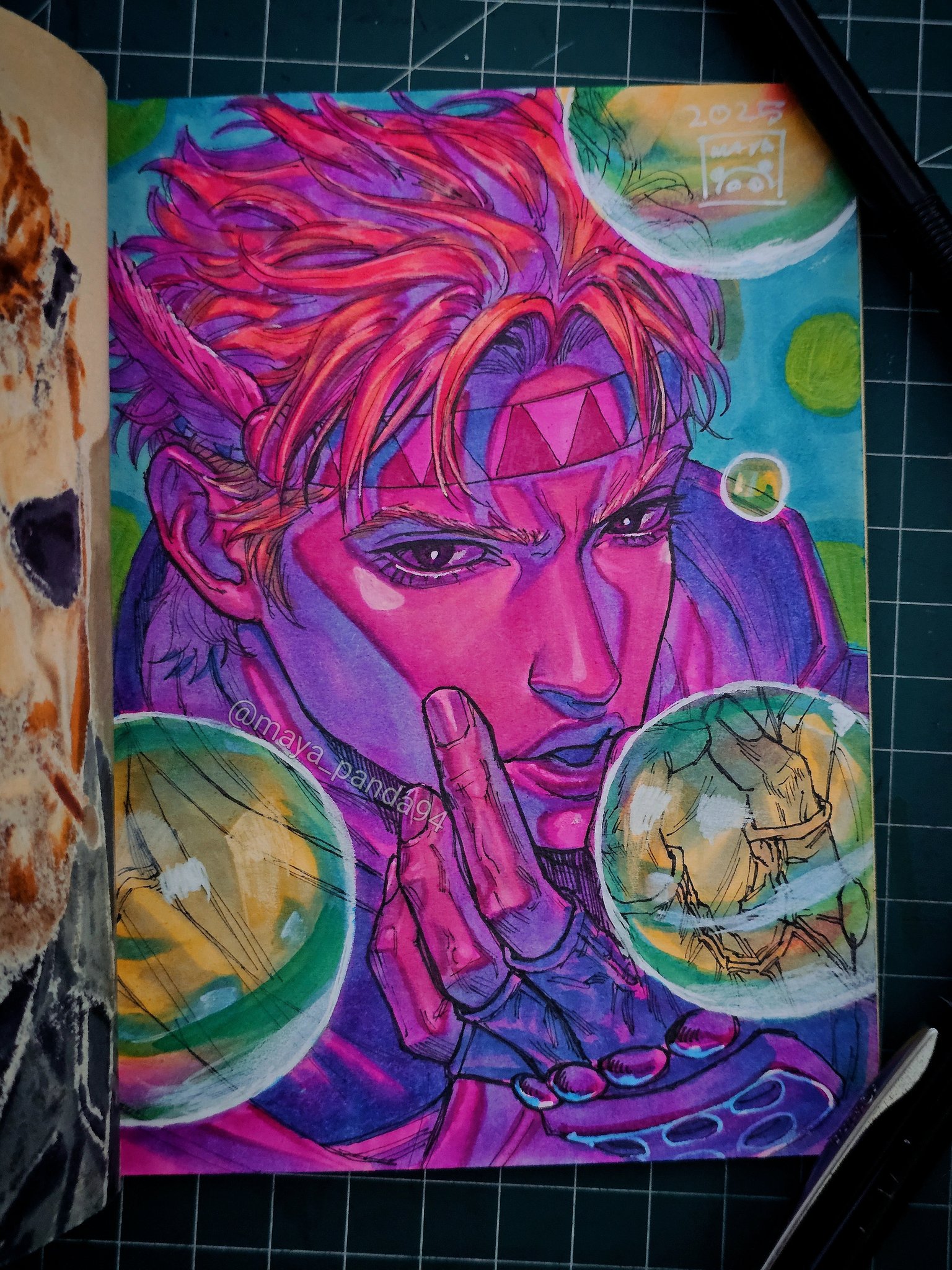 maya panda, caesar anthonio zeppeli, battle tendency, jojo no kimyou na bouken, commentary, highres, marker (medium), photo (medium), traditional media, 1boy, 2025, black eyes, blowing bubbles, bubble, colored skin, feather hair ornament, feathers, fingerless gloves, gloves, hair ornament, hand up, headband, jacket, looking at viewer, male focus, pink hair, pink headband, pink jacket, pink scarf, pink skin, pink theme, popped collar, purple gloves, scarf, signature, solo, triangle print