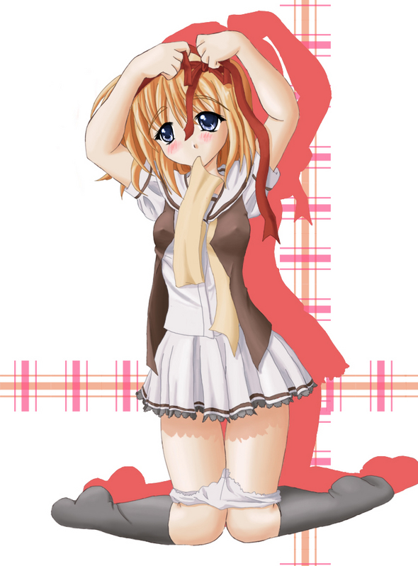 fuyou kaede, shuffle!, non-web source, 00s, 1girl, bad anatomy, black socks, female focus, kneehighs, panties, panty pull, poorly drawn, socks, solo, underwear, white panties