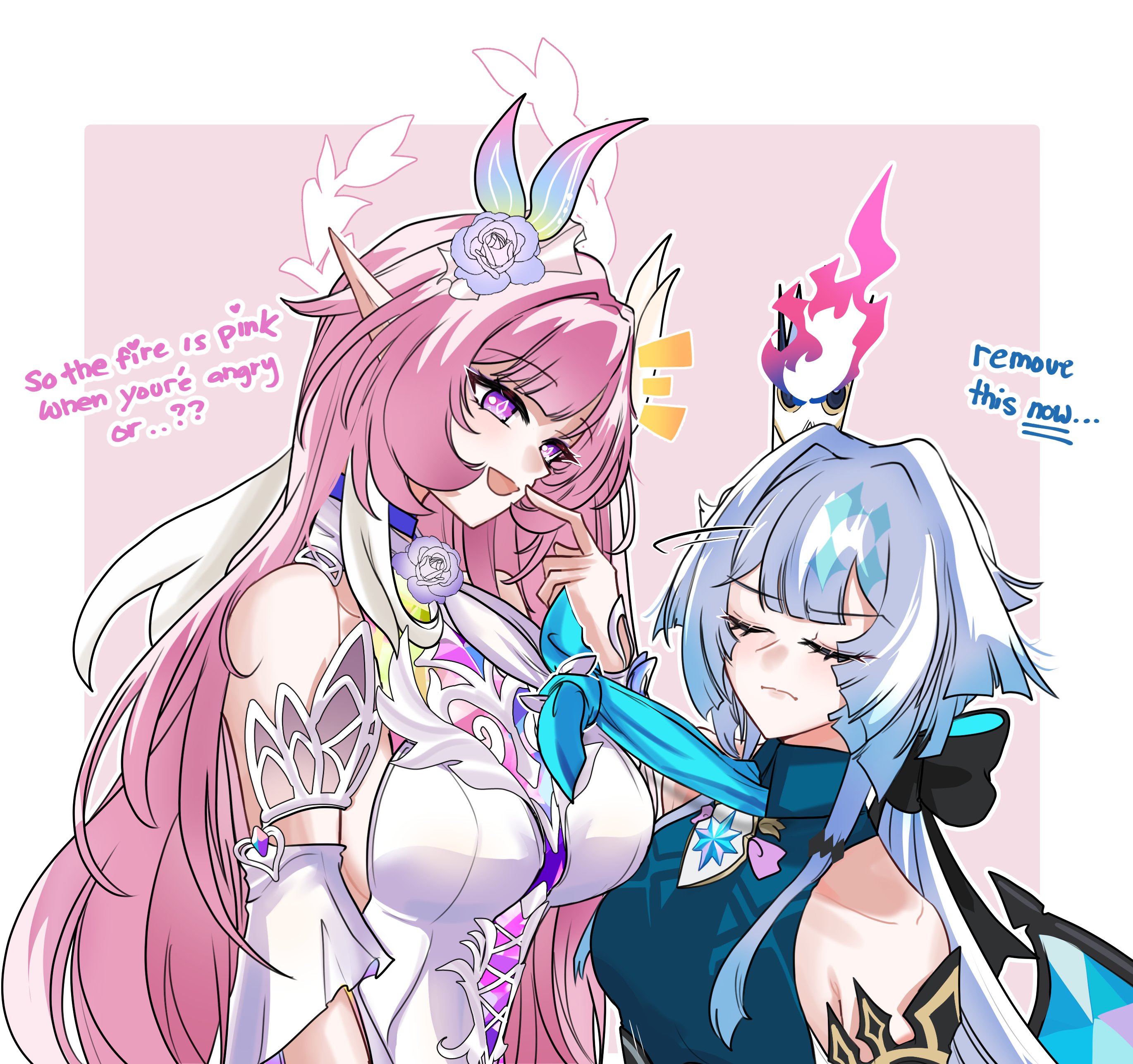 choikfu, cerydra (honkai: star rail), cyrene (honkai: star rail), cyrene (ripples of past reverie) (honkai: star rail), honkai: star rail, honkai (series), absurdres, hashtag-only commentary, highres, 2girls, bare shoulders, blue dress, border, breasts, closed eyes, closed mouth, crown, detached sleeves, diamond-shaped pupils, diamond (shape), dress, english text, flower, hair flower, hair intakes, hair ornament, halo, large breasts, long hair, multiple girls, pink hair, pointy ears, purple background, purple eyes, sideboob, small breasts, symbol-shaped pupils, very long hair, white border, white dress, wings