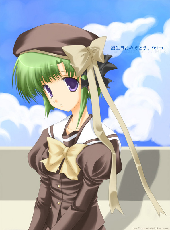 autumndark, shigure asa, deviantart, shuffle!, non-web source, 00s, 1girl, artist name, cloud, day, deviantart username, female focus, green hair, long sleeves, looking at viewer, purple eyes, ribbon, school uniform, short hair, short sleeves, solo, watermark, web address