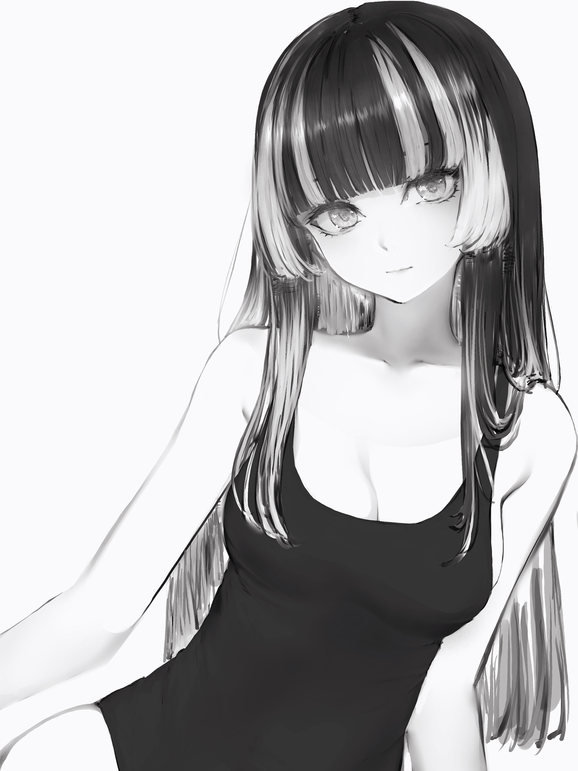 nanashi (nlo), juufuutei raden, hololive, hololive dev is, absurdres, highres, 1girl, bare shoulders, breasts, cleavage, closed mouth, collarbone, greyscale, hime cut, long hair, looking at viewer, monochrome, multicolored hair, one-piece swimsuit, simple background, solo, streaked hair, swimsuit, two-tone hair, virtual youtuber