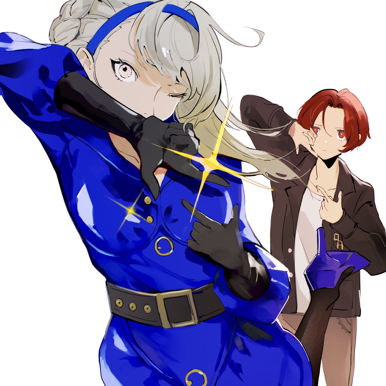 mina (mina st4r), merope (p5x), persona, persona 5, persona 5: the phantom x, commentary, highres, 1boy, 1girl, belt, belt buckle, black belt, black gloves, black jacket, black pantyhose, blue dress, blue hairband, brown pants, buckle, closed mouth, dress, expressionless, gloves, grey eyes, grey hair, hairband, high heels, jacket, kamishiro nagisa, long sleeves, looking at viewer, one eye closed, open clothes, open jacket, pants, pantyhose, red eyes, red hair, shirt, short hair, simple background, standing, standing on one leg, white background, white shirt