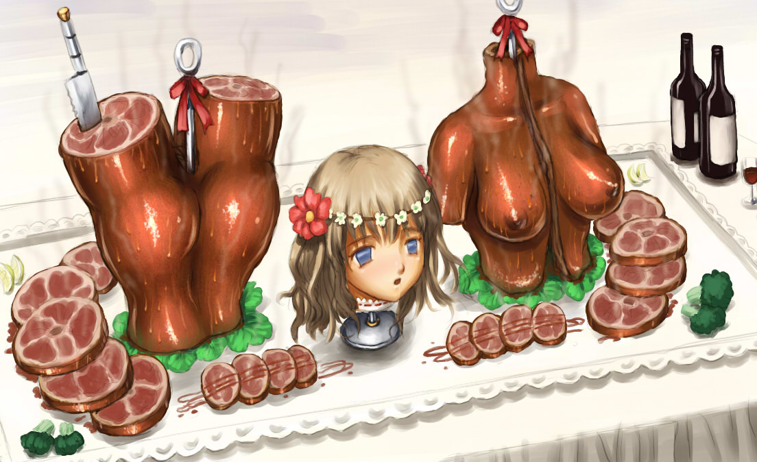 cooked, amputee, guro, gynophagia, knife, quadruple amputee, wine