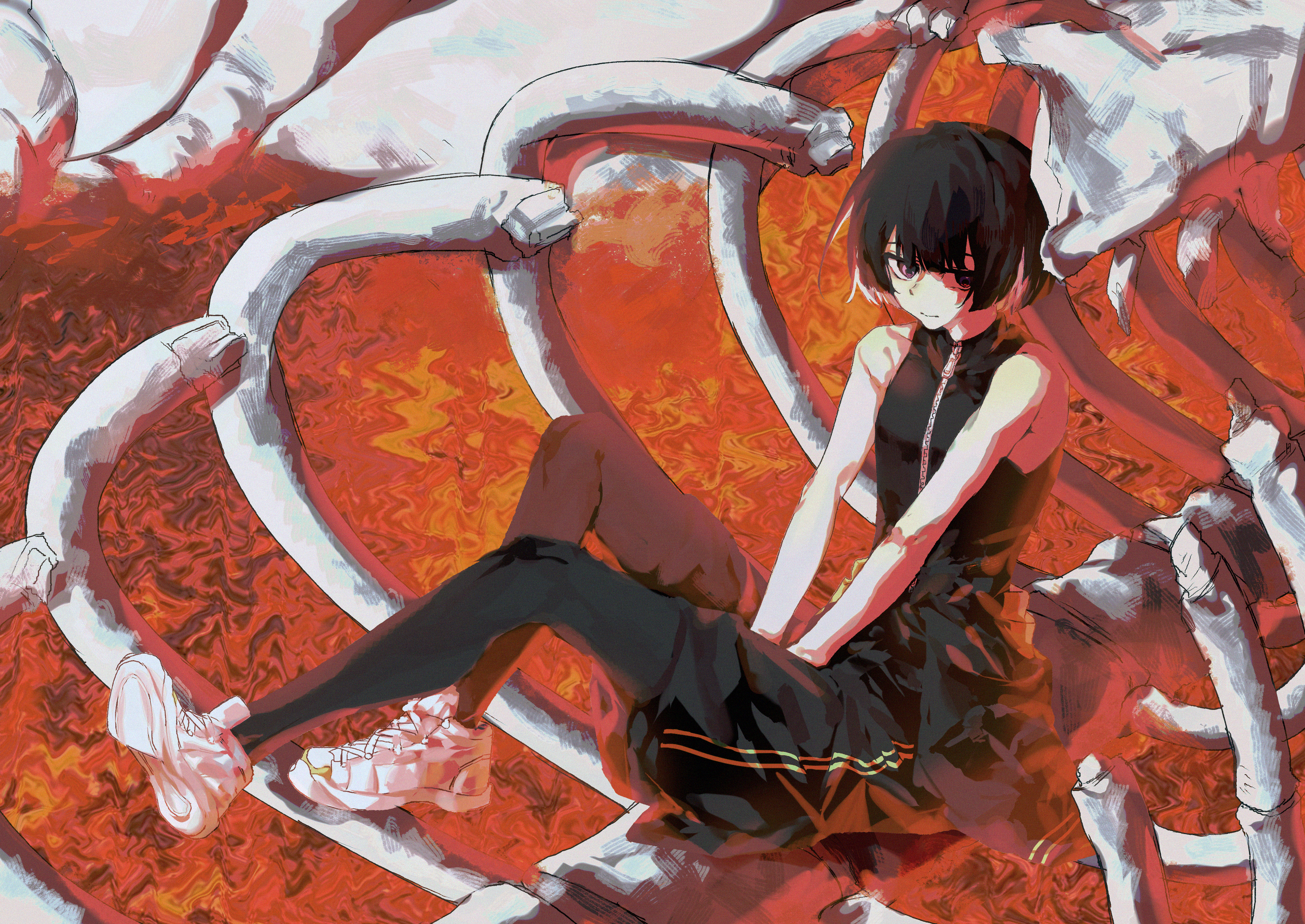 huaji niang, original, absurdres, chinese commentary, commentary request, highres, 1girl, arms between legs, bare shoulders, black hair, black leggings, bob cut, bone, clothes around waist, expressionless, full body, jacket, jacket around waist, leggings, looking at viewer, multicolored hair, own hands together, purple eyes, ribs, ripples, shoes, sitting, sleeveless, sleeveless turtleneck, sneakers, solo, spine, streaked hair, track suit, turtleneck, two-tone hair, white hair
