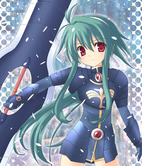 chuujou kagetsu, polaris (shinrabanshou), shinrabanshou, 1girl, armor, blue background, blue gloves, blue theme, bow, expressionless, female focus, gloves, green hair, hair bow, huge weapon, long hair, looking at viewer, ponytail, red eyes, sidelocks, skirt, solo, weapon, white bow