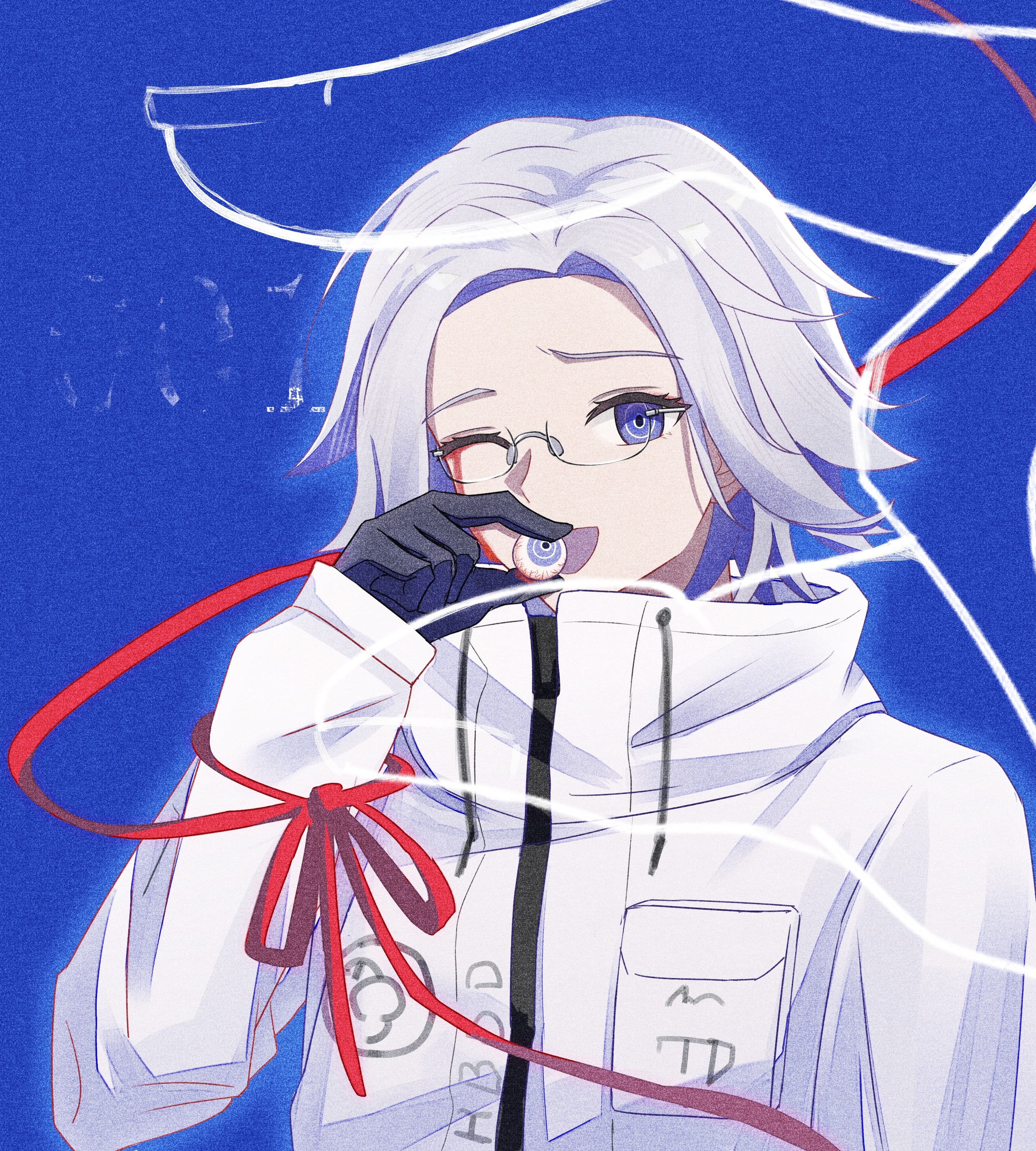 aotsuki eito, the hundred line -last defense academy-, absurdres, chinese commentary, highres, 1boy, 1other, :d, blood, bloody tears, blue background, blue eyes, breast pocket, film grain, glasses, gloves, grey hair, holding eyeball, jacket, looking at viewer, male focus, one eye closed, open mouth, out of frame, pocket, red ribbon, ribbon, short hair, smile, solo, upper body, white jacket, xinjinjumin270849759055