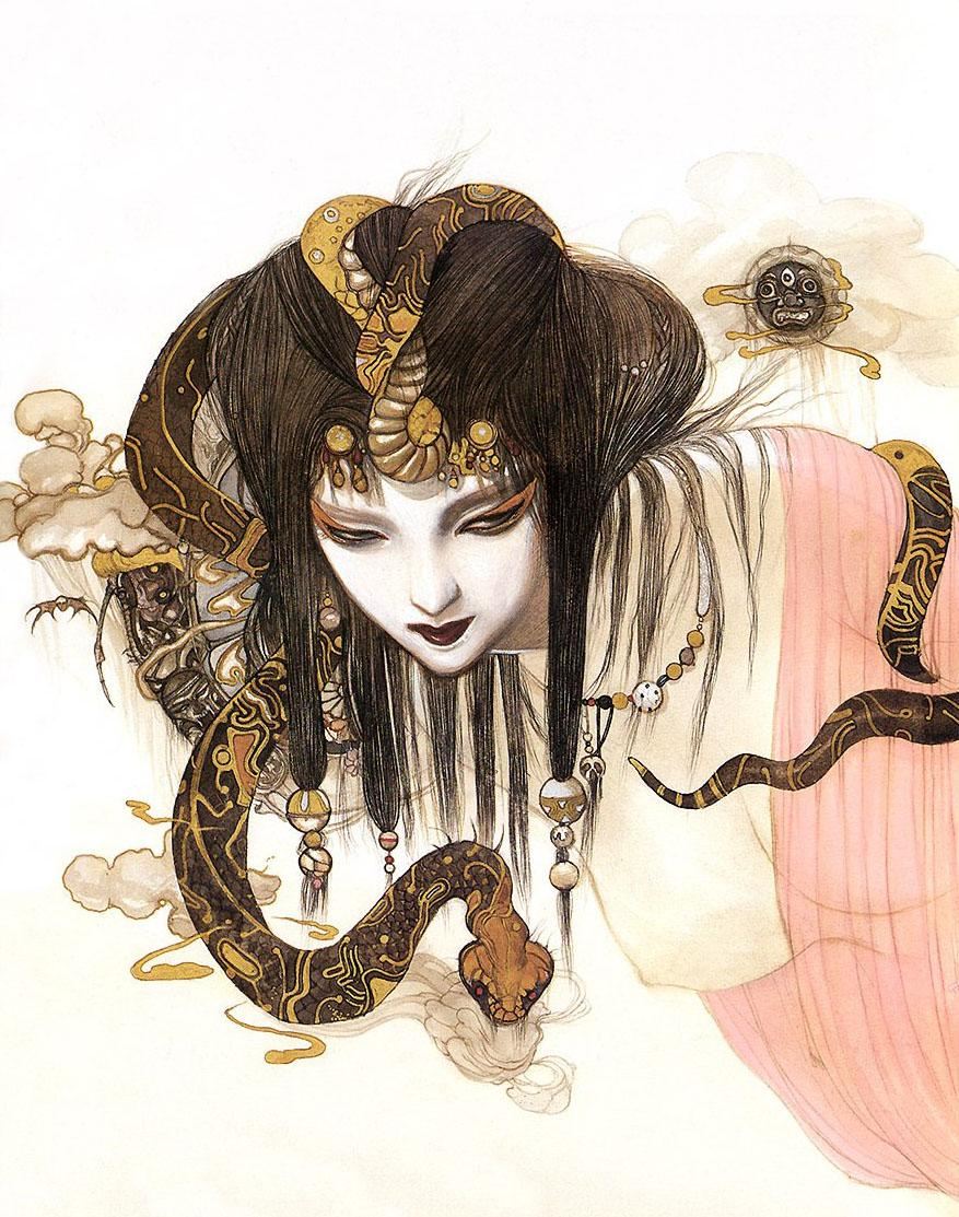 amano yoshitaka, copyright request, non-web source, tagme, 1girl, black hair, breasts, cloud, fantasy, female focus, hair ornament, half-closed eyes, jewelry, medium hair, necklace, nipples, pale skin, red lips, snake, solo, white background
