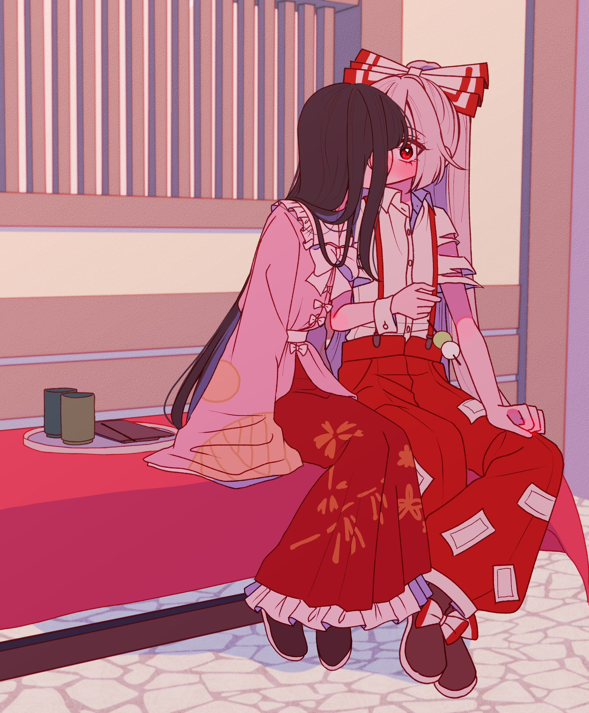 tamiko (tamik0224), fujiwara no mokou, houraisan kaguya, touhou, absurdres, commentary request, highres, 2girls, bench, black shoes, blush, bow, bowtie, brown hair, cup, dango, food, frilled skirt, frills, grey hair, hair bow, kiss, long hair, long sleeves, multiple girls, ofuda, ofuda on clothes, outdoors, pants, petal print, pink shirt, ponytail, print skirt, red eyes, red pants, red skirt, shirt, shoes, single wrist cuff, sitting, skewer, skirt, surprise kiss, surprised, suspenders, torn clothes, torn shirt, torn sleeves, very long hair, wagashi, white bow, white bowtie, white shirt, wide sleeves, wrist cuffs, yunomi, yuri
