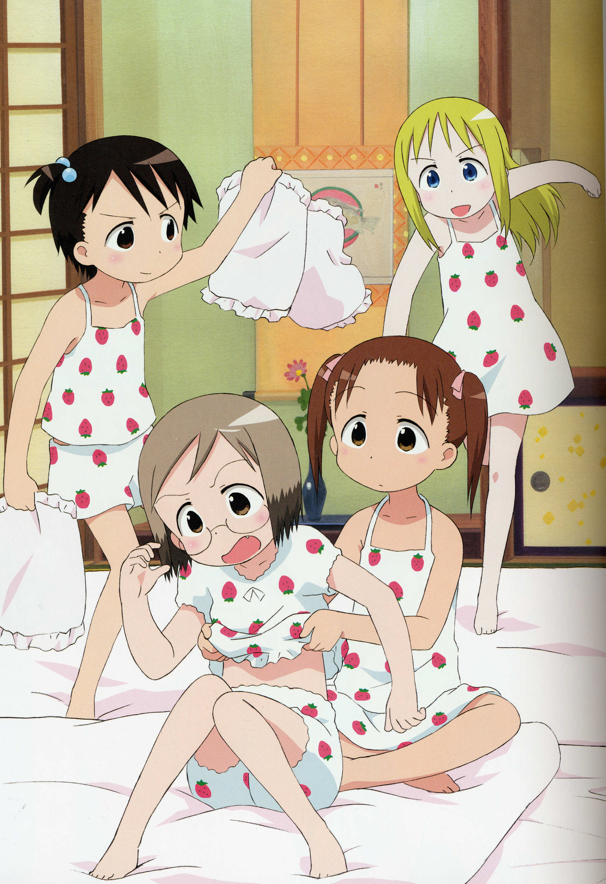 sakai kyuuta, ana coppola, itou chika, matsuoka miu, sakuragi matsuri, ichigo mashimaro, absurdres, highres, huge filesize, non-web source, official art, 4girls, :o, angry, armpits, bare shoulders, barefoot, bed, black hair, blonde hair, bloomers, blue eyes, blush, breasts, brown hair, child, collarbone, dress, fang, feet, flat chest, floral print, food print, fruit print, full body, glasses, grabbing another's breast, green eyes, groping, hair bobbles, hair ornament, indoors, long hair, multiple girls, open mouth, pillow, ribbon, running, short hair, side ponytail, sliding doors, small breasts, smirk, standing, strawberry print, toes, twintails, underwear, white dress
