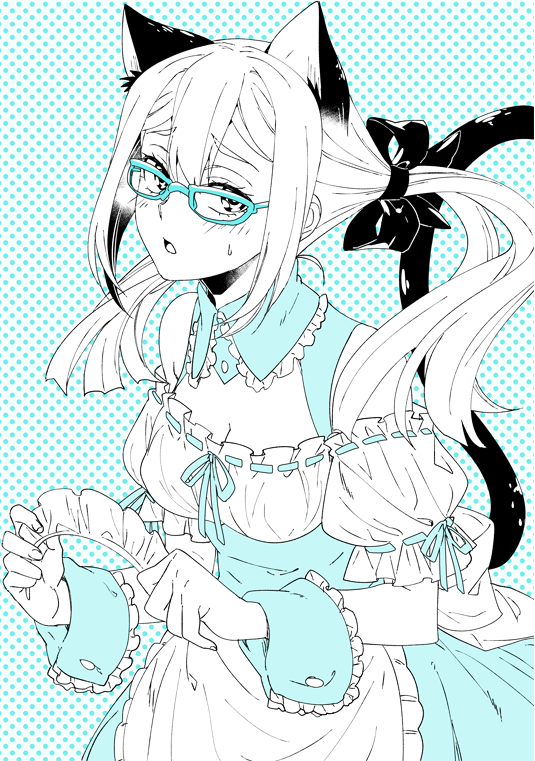 ikuhashi muiko, koujiro frau, robotics;notes, science adventure, 1girl, :o, animal ears, apron, blue-framed eyewear, blue background, blue dress, blush, breasts, cat ears, cat tail, dress, embarrassed, frilled dress, frills, glasses, hair between eyes, holding, long hair, looking at viewer, maid, monochrome, nervous sweating, open mouth, puffy short sleeves, puffy sleeves, ribbon, short sleeves, solo, sweat, tail, tongue, two side up