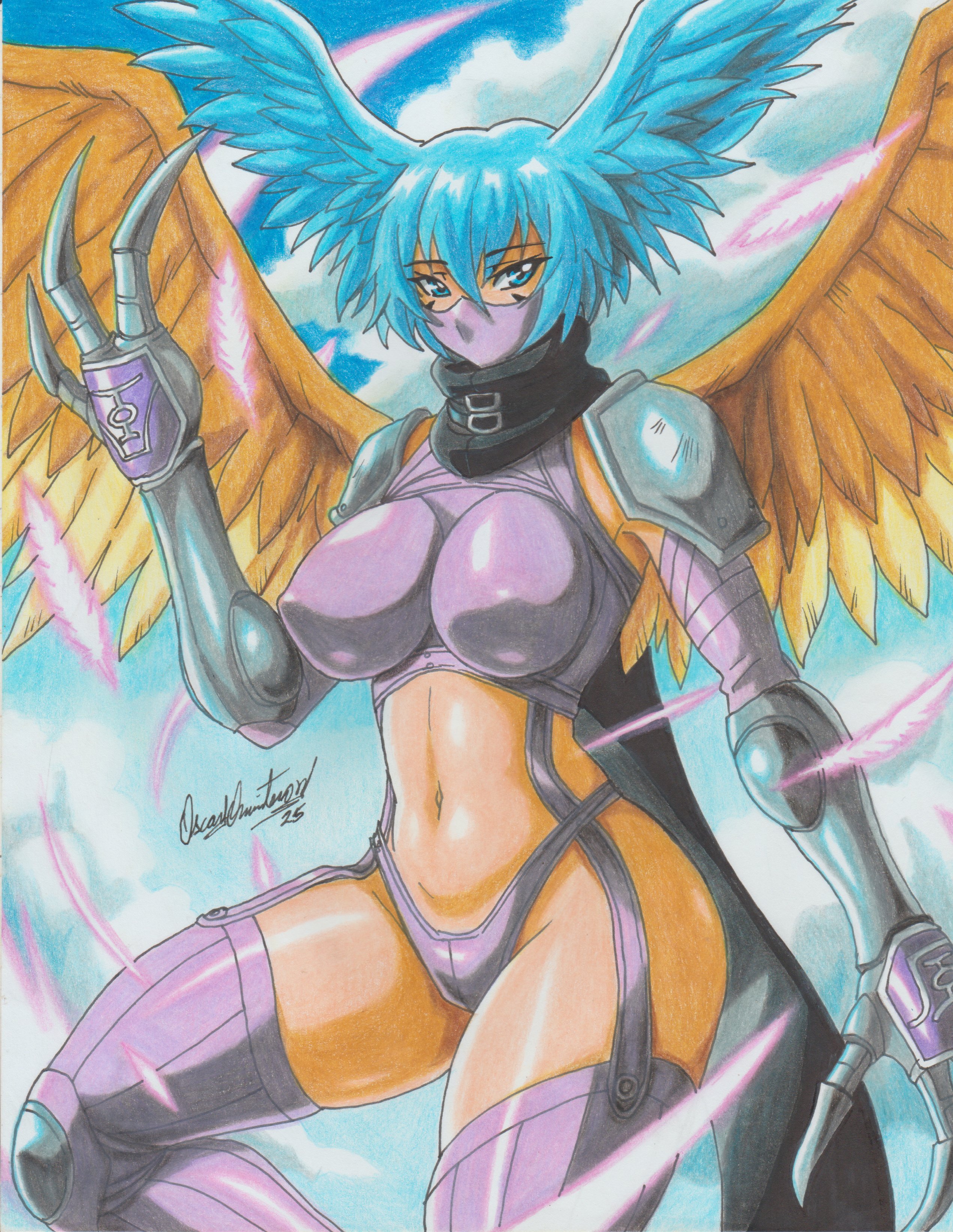ravernclouk, shutumon, digimon, absurdres, highres, 1girl, bikini, bird wings, black scarf, blue eyes, blue hair, breasts, claws, covered mouth, digimon (creature), feathered hair, feathers, large breasts, mask, mouth mask, navel, purple bikini, scarf, sky, solo, swimsuit, wings