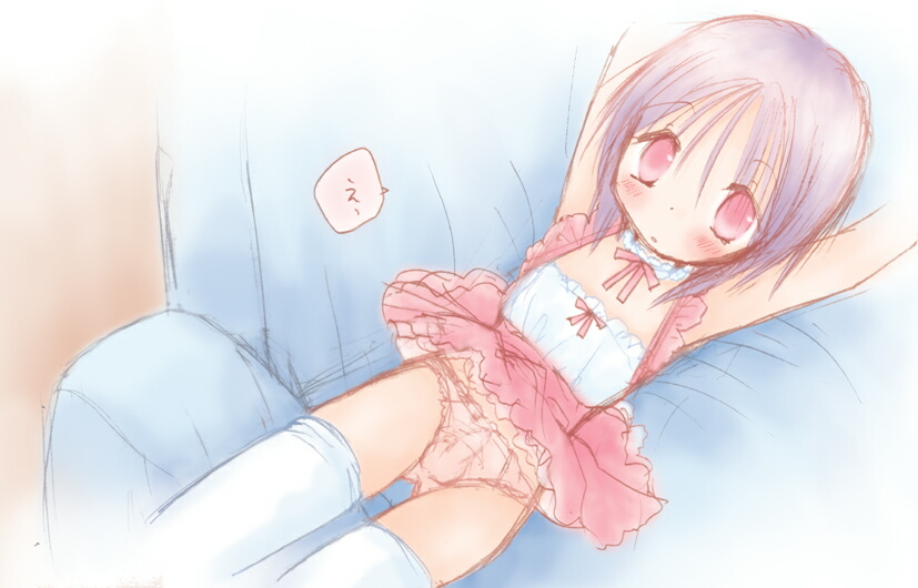 ara pengin, original, non-web source, 1boy, blush, crossdressing, crossdressing (mtf), indoors, looking at viewer, male focus, penis, short hair, shota, small penis, solo, thighhighs