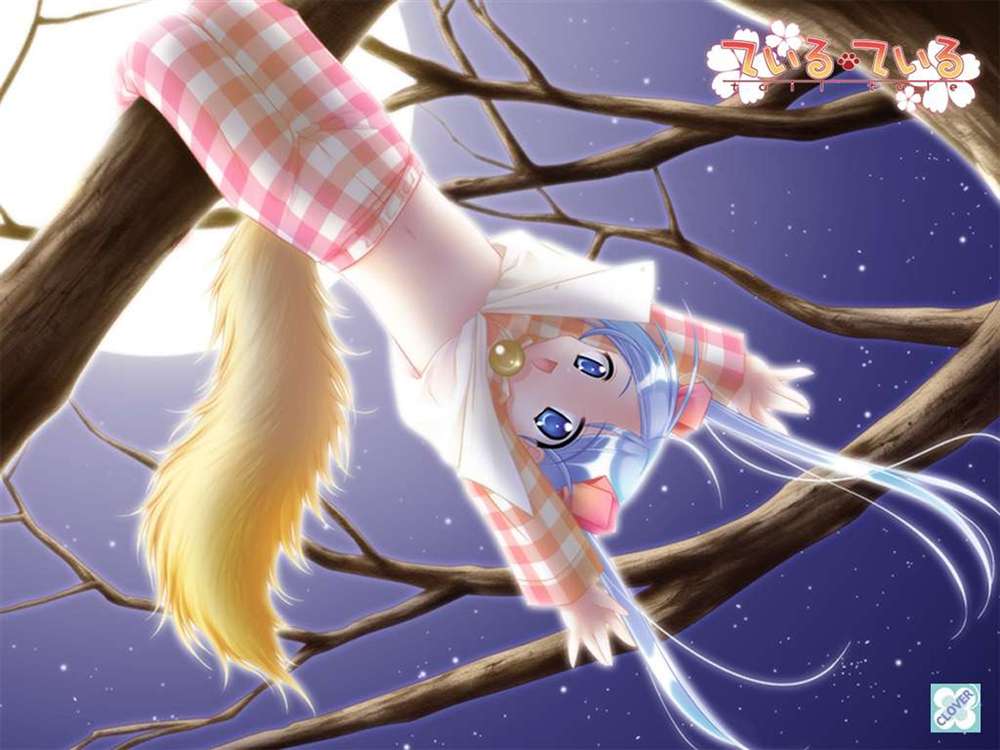 louis&visee, tamae, tail tale, plaid, game cg, jpeg artifacts, non-web source, 1girl, blue eyes, blue hair, child, female focus, in tree, long hair, matching hair/eyes, moon, night, pajamas, sky, solo, tail, tree, twintails, upside-down