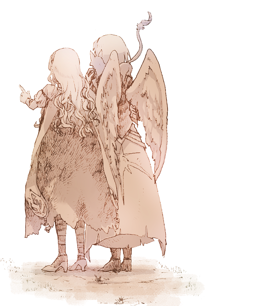 michibata 65, clarte (another eden), melina (another eden), another eden, commentary request, 1boy, 1girl, animal, animal on shoulder, boots, brown theme, cape, cat, cat on shoulder, feathered wings, from behind, full body, hairband, hand up, hatching (texture), high heels, linear hatching, long hair, monochrome, pointing, robe, scratching chin, shirt, shoes, short hair, short sleeves, side-by-side, simple background, standing, wavy hair, white background, wings