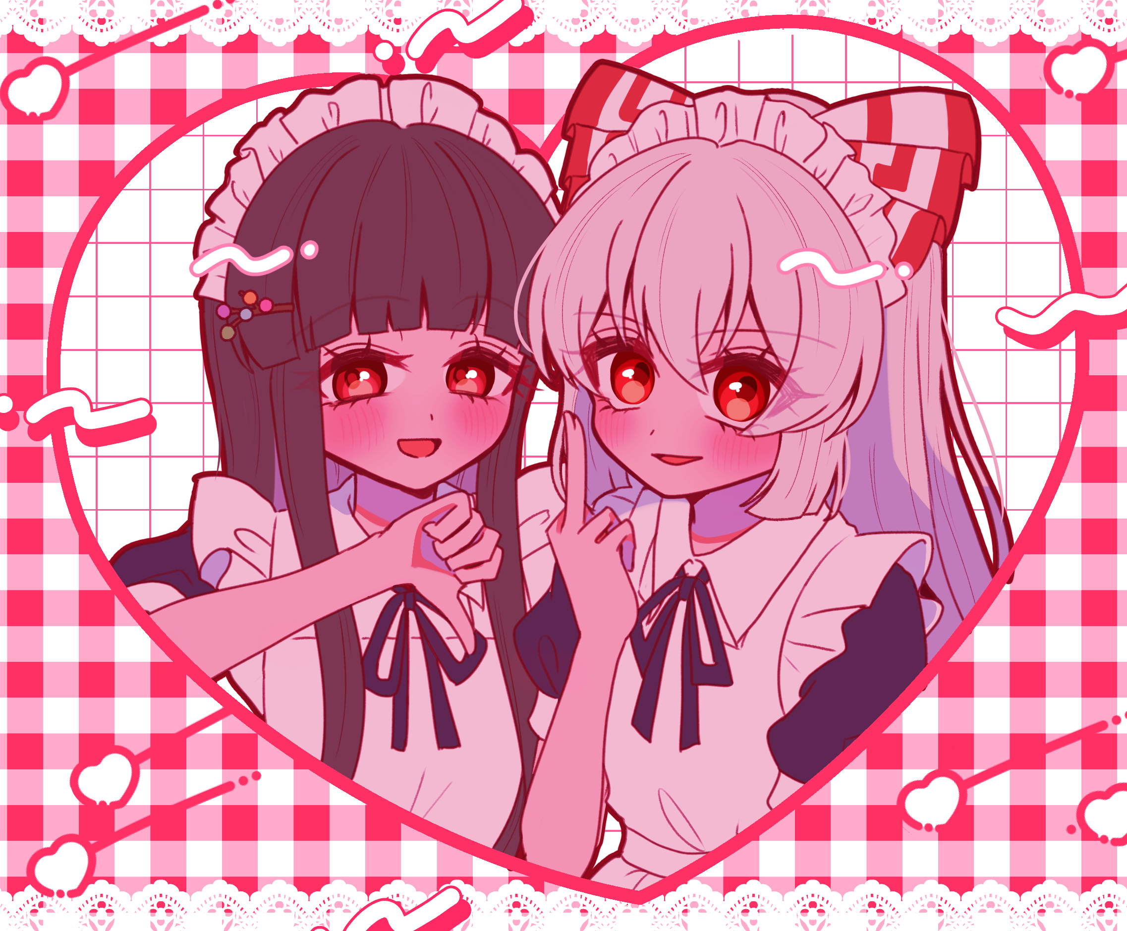 tamiko (tamik0224), fujiwara no mokou, houraisan kaguya, touhou, commentary request, highres, 2girls, alternate costume, apron, black hair, black ribbon, blush, bow, enmaided, grey hair, hair bow, hair ornament, heart, long hair, looking at viewer, maid, maid apron, maid headdress, middle finger, multiple girls, neck ribbon, open mouth, puffy short sleeves, puffy sleeves, red eyes, ribbon, short sleeves, smile, thumbs down, white apron