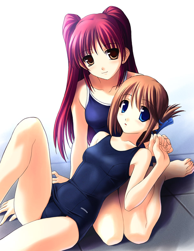 norizou type-r, komaki manaka, kousaka tamaki, to heart (series), to heart 2, 00s, 2girls, arm support, blue eyes, brown eyes, brown hair, collarbone, competition school swimsuit, folded ponytail, hair ornament, hairclip, holding hands, interlocked fingers, lap pillow, looking at viewer, lying, multiple girls, old school swimsuit, one-piece swimsuit, open mouth, reclining, red hair, school swimsuit, simple background, sitting, smile, swimsuit