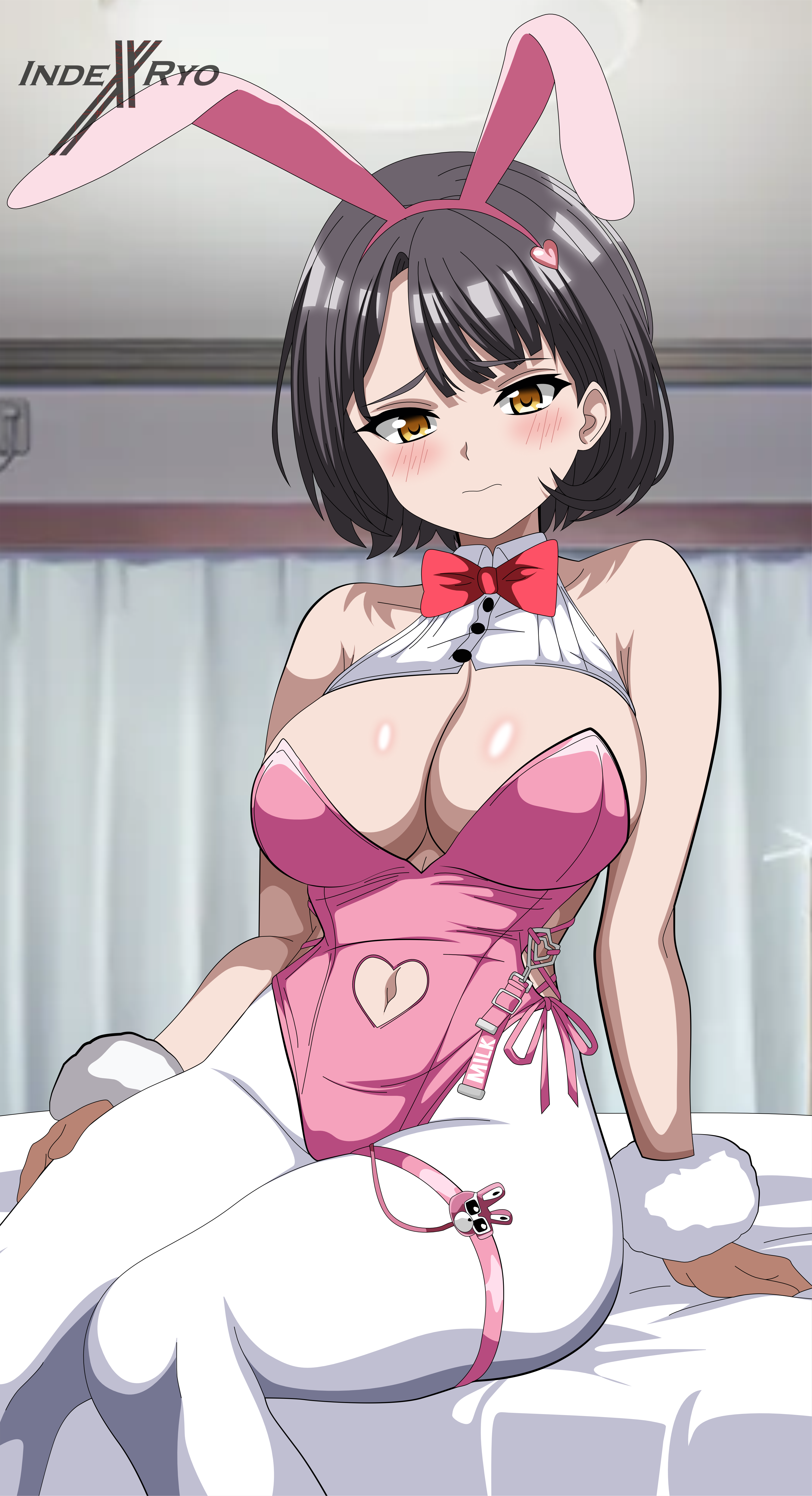 indexxryo, milk (blooming bunny) (nikke), milk (nikke), goddess of victory: nikke, absurdres, highres, 1girl, animal ear hairband, animal ears, black hair, blush, bow, bowtie, breasts, cleavage, clothing cutout, embarrassed, fake animal ears, hairband, implied vibrator, indoors, large breasts, leotard, looking at viewer, navel cutout, official alternate costume, pantyhose, pink leotard, playboy bunny, rabbit ear hairband, rabbit ears, shiny skin, short hair, side-tie leotard, sitting, solo, vibrator cord, white pantyhose, yellow eyes