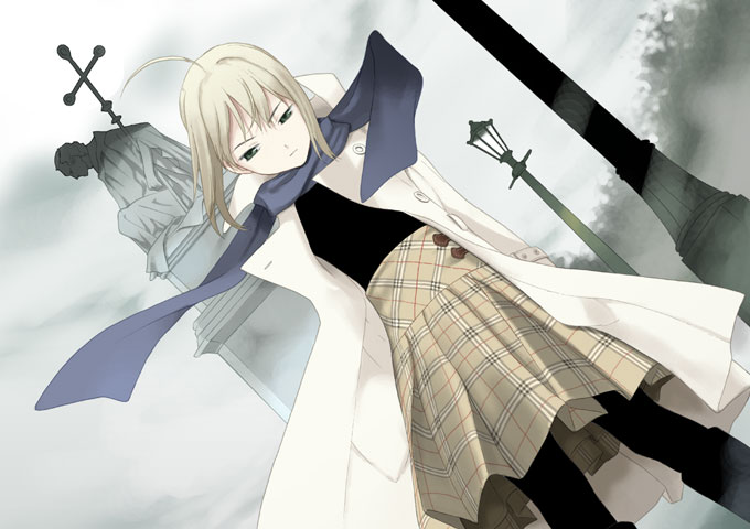 takenashi eri, artoria pendragon (fate), saber (fate), fate/stay night, fate (series), 00s, 1girl, ahoge, blonde hair, casual, female focus, green eyes, long coat, pantyhose, scarf, skirt, solo, statue
