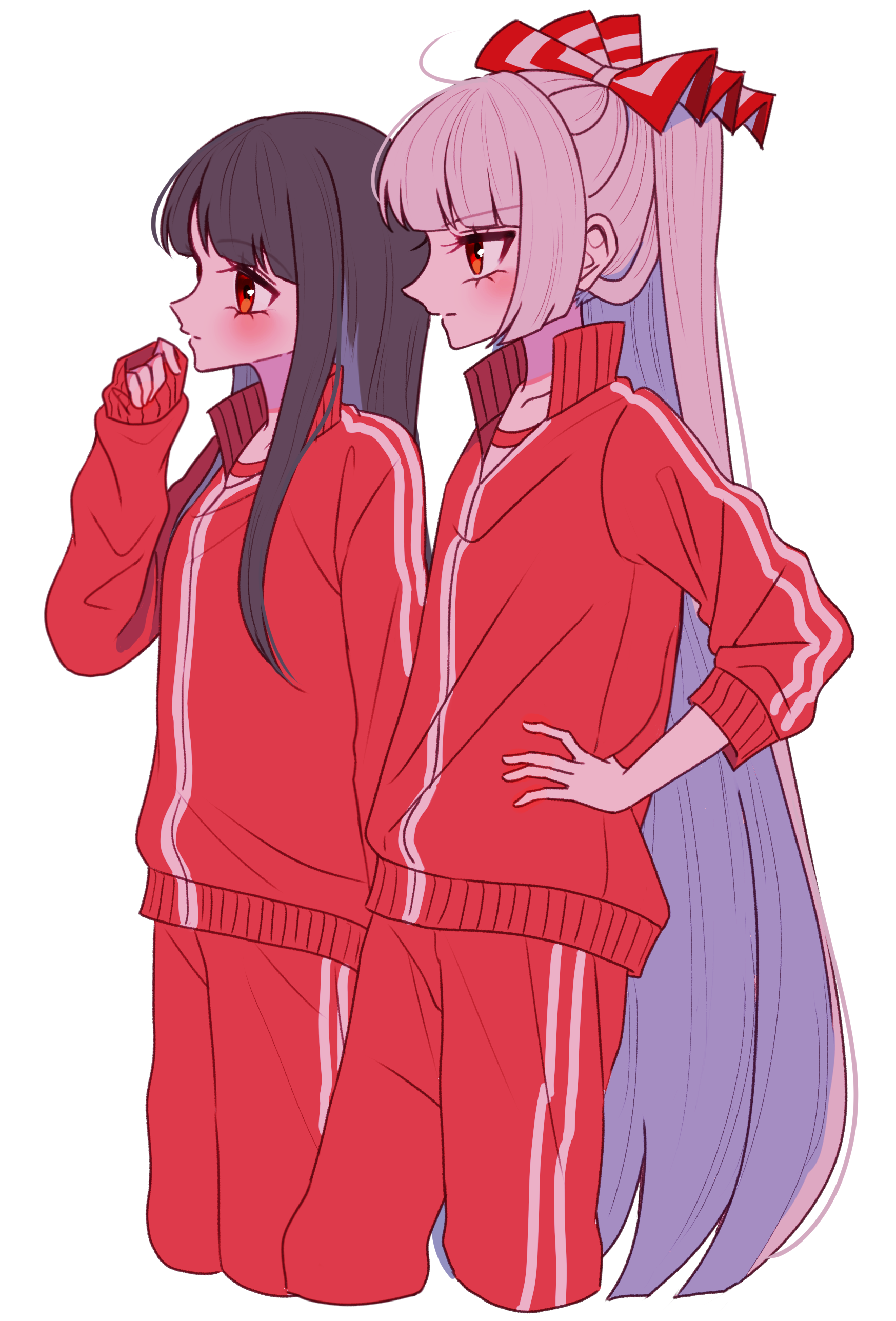 tamiko (tamik0224), fujiwara no mokou, houraisan kaguya, touhou, absurdres, commentary request, highres, 2girls, alternate costume, bow, brown hair, contemporary, grey hair, hair bow, hand on own hip, jacket, long hair, long sleeves, multiple girls, pants, red eyes, red jacket, red pants, simple background, track jacket, track pants, track suit, very long hair, white background