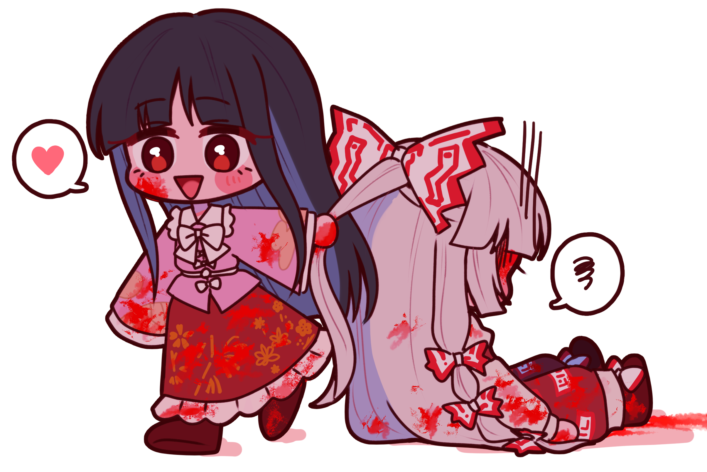 tamiko (tamik0224), fujiwara no mokou, houraisan kaguya, touhou, commentary request, highres, 2girls, black hair, blood, blood in hair, blood on clothes, blood on face, blood on hands, blood stain, blush, bow, bowtie, chibi, chibi only, collared shirt, dragging, frilled shirt collar, frills, hair bow, heart, hime cut, holding another's hair, long hair, long skirt, long sleeves, multiple girls, ofuda, ofuda on clothes, open mouth, pants, pink shirt, red eyes, red pants, shirt, simple background, skirt, smile, spoken heart, spoken squiggle, squiggle, very long hair, white background, white bow, white bowtie, white hair, wide sleeves