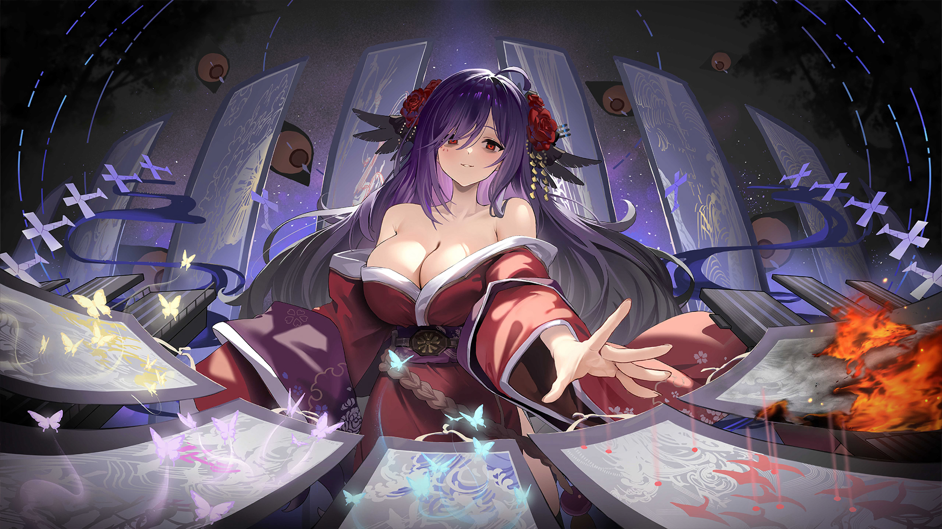 houshou (azur lane), houshou (meta) (azur lane), azur lane, game cg, highres, non-web source, 1girl, bare shoulders, black thighhighs, blue butterfly, breasts, bug, burning, butterfly, cleavage, collarbone, flight deck, floral print, flower, golden butterfly, hair flower, hair ornament, hair over one eye, insect, instrument, japanese clothes, kimono, large breasts, long hair, long sleeves, obi, off shoulder, ofuda, parted lips, print kimono, purple butterfly, purple hair, purple kimono, red eyes, red flower, red kimono, rigging, sash, shamisen, shikigami, sitting, smile, solo, sword, thighhighs, thighs, toes, very long hair, weapon, wide sleeves, yokozuwari