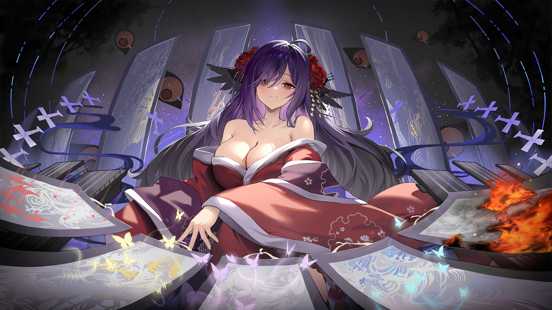 houshou (azur lane), houshou (meta) (azur lane), azur lane, game cg, highres, non-web source, 1girl, bare shoulders, black thighhighs, blue butterfly, breasts, bug, burning, butterfly, cleavage, collarbone, flight deck, floral print, flower, golden butterfly, hair flower, hair ornament, hair over one eye, insect, instrument, japanese clothes, kimono, large breasts, long hair, long sleeves, obi, off shoulder, ofuda, parted lips, print kimono, purple butterfly, purple hair, purple kimono, red eyes, red flower, red kimono, rigging, sash, shamisen, shikigami, sitting, smile, solo, sword, thighhighs, thighs, toes, very long hair, weapon, wide sleeves, yokozuwari