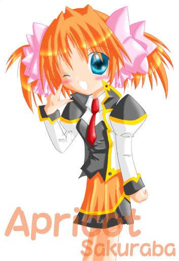apricot sakuraba, broccoli (company), galaxy angel, galaxy angel rune, uniform, non-web source, 00s, 1girl, blue eyes, blush, character name, female focus, flower, looking at viewer, one eye closed, orange hair, puffy sleeves, ribbon, short hair, short twintails, simple background, skirt, solo, twintails, v, white background, wink