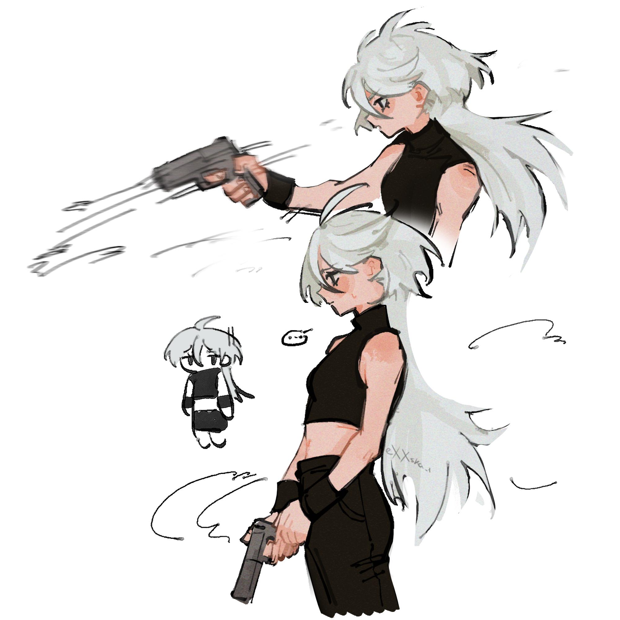 miorine rembran, gundam, gundam suisei no majo, commentary, english commentary, highres, …, 1girl, black pants, black shirt, closed mouth, crop top, exxska 1, firing, grey hair, gun, handgun, holding, holding gun, holding weapon, long hair, multiple views, open mouth, pants, shirt, simple background, sleeveless, sleeveless shirt, spoken ellipsis, sweat, weapon, white background