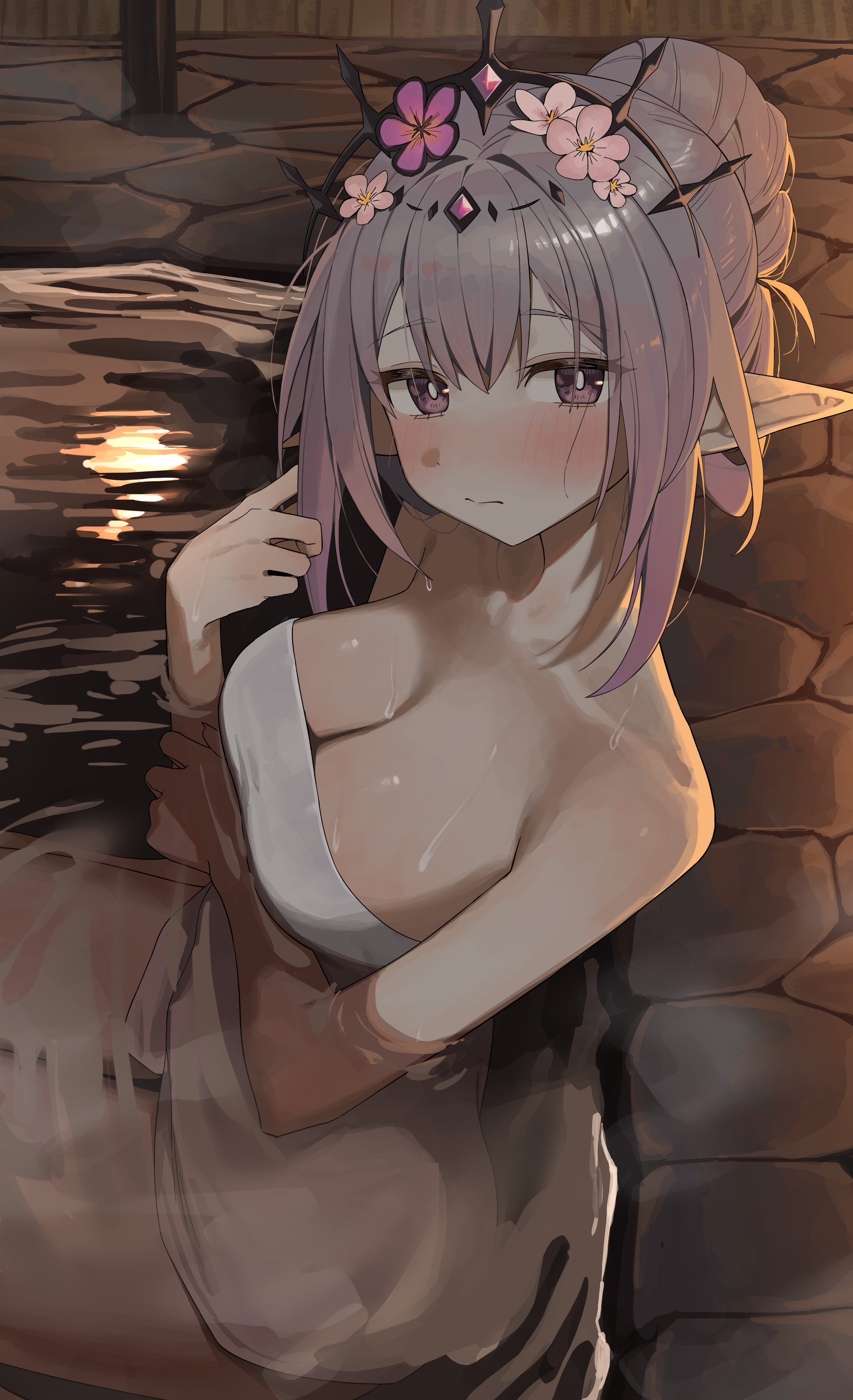 syhan, castorice (honkai: star rail), honkai: star rail, honkai (series), absurdres, commentary request, highres, korean commentary, 1girl, alternate hairstyle, arm under breasts, black tiara, blush, breasts, bright pupils, cleavage, closed mouth, collarbone, embarrassed, flower, from side, hair between eyes, hair bun, hair flower, hair ornament, hand up, large breasts, looking at viewer, looking to the side, naked towel, onsen, partially submerged, pink flower, pointy ears, purple eyes, sidelocks, single hair bun, sitting, solo, thighs, tiara, towel, water, white pupils