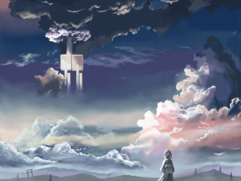 katzeh, saigyou ayakashi, saigyouji yuyuko, touhou, 1girl, cloud, female focus, from behind, gate, outdoors, scenery, sky, solo, torii, tree