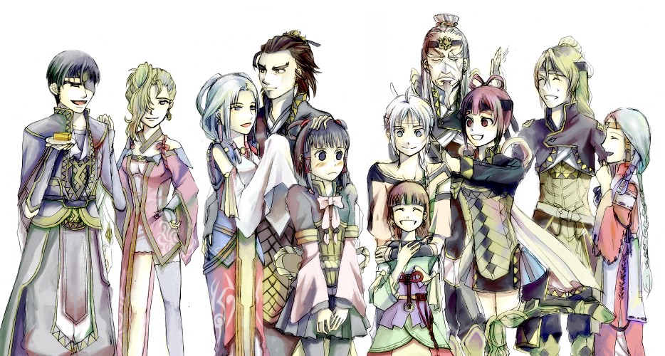 ribe, arshtat falenas, ferid egan, freyjadour falenas, galleon (suikoden), georg prime, haswar falenas, kyle (suikoden), lymsleia falenas, lyon (suikoden), miakis (suikoden), sialeeds falenas, gensou suikoden, gensou suikoden v, silver hair, 5boys, 6+girls, ^ ^, ahoge, armor, bad anatomy, beard, black hair, blonde hair, blue eyes, bow, bowtie, braid, brown hair, cape, closed eyes, cowboy shot, dress, earrings, everyone, evil smile, eyepatch, facial hair, facial mark, frown, hair over one eye, hair ribbon, hair rings, headband, hug, jewelry, long hair, long sleeves, looking at viewer, multiple boys, multiple girls, old, old man, open mouth, poorly drawn, ribbon, scar, short hair, sidelocks, simple background, single braid, smile, standing, tabard, thighhighs, very long hair, white background, zettai ryouiki