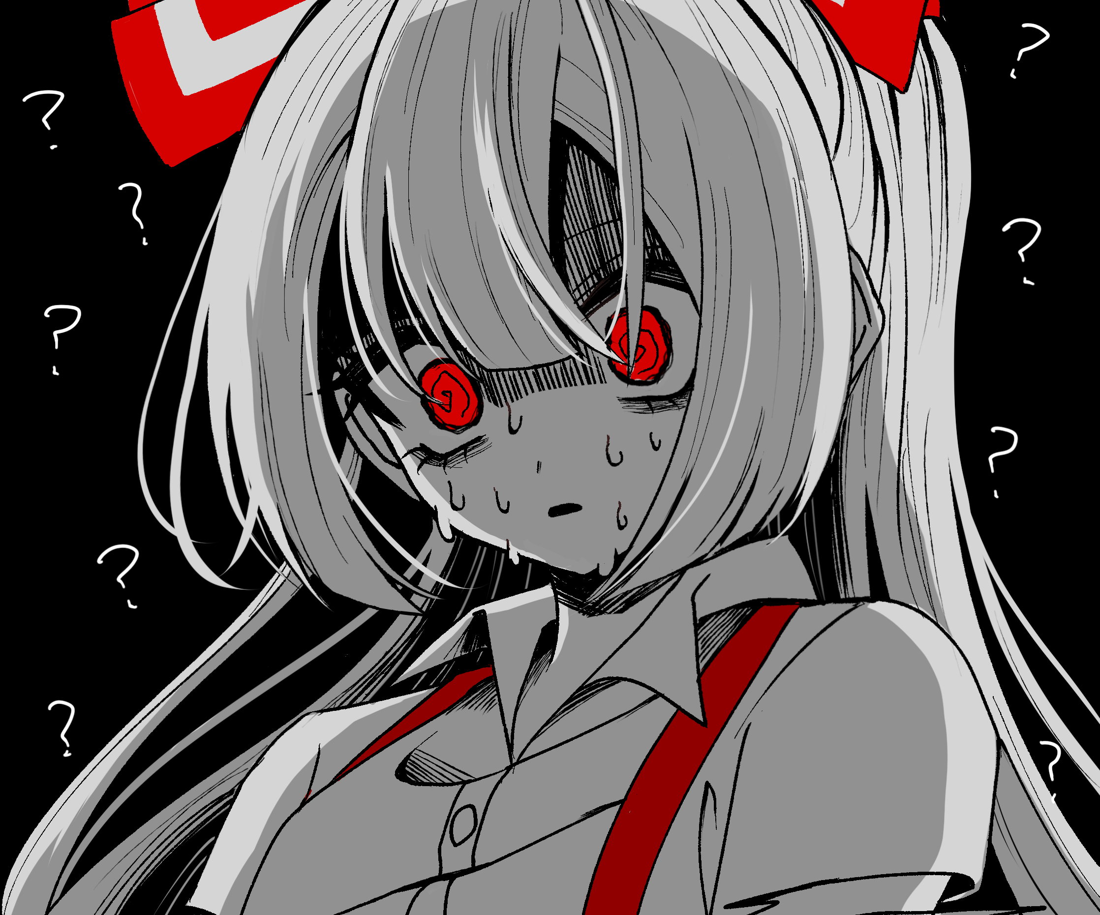 tamiko (tamik0224), fujiwara no mokou, touhou, commentary request, highres, 1girl, ?, @ @, black background, bow, collared shirt, confused, greyscale, hair between eyes, hair bow, long hair, monochrome, nervous sweating, open mouth, red eyes, shaded face, shirt, short sleeves, solo, spot color, suspenders, sweat, upper body, very long hair