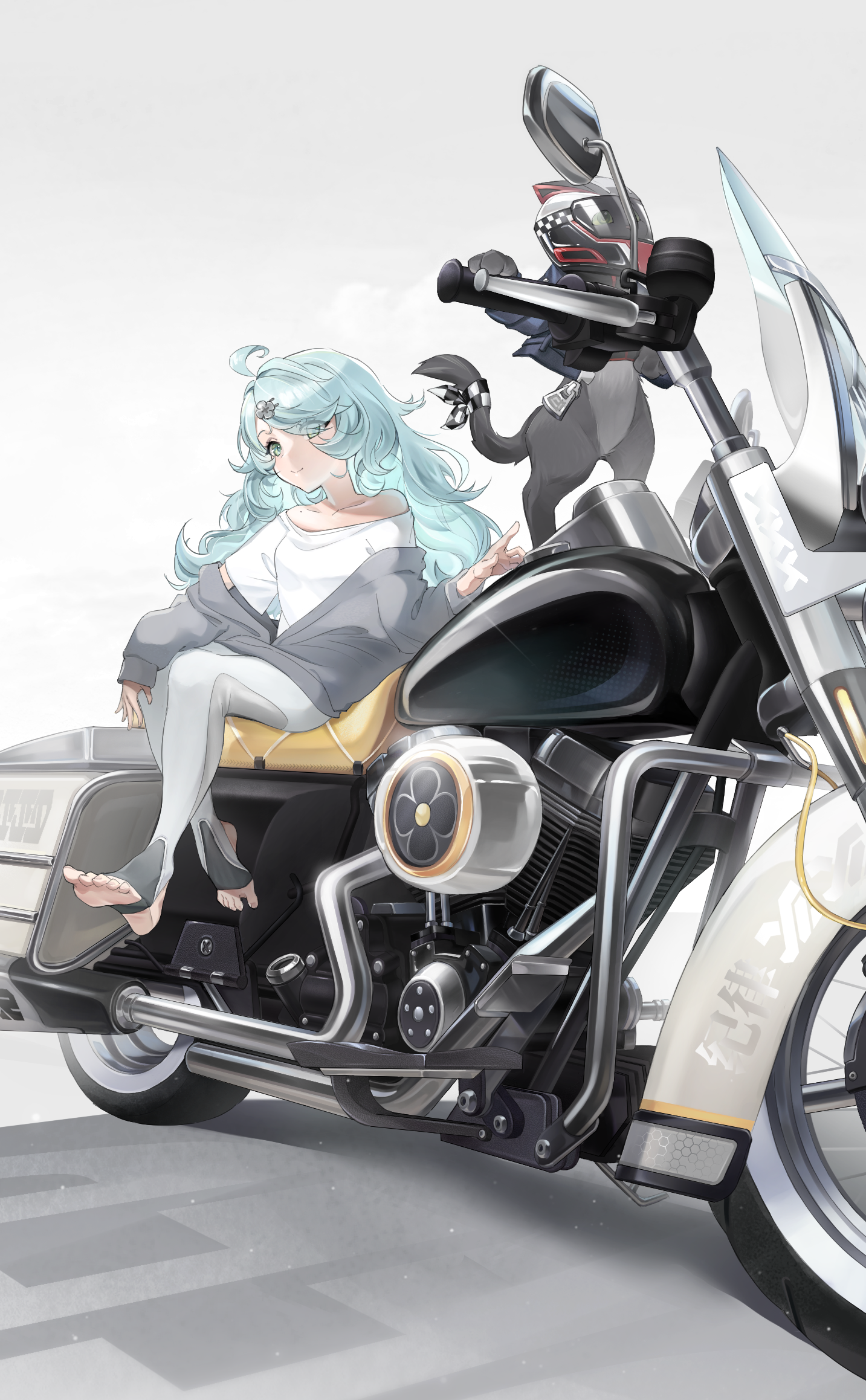 qingkefu yixia, seed (zenless zone zero), zenless zone zero, highres, 1girl, 1other, animal, bare shoulders, blue eyes, blue hair, cat, feet, formal clothes, grey jacket, hair ornament, hairpin, helmet, jacket, latex pants, mole, mole on shoulder, motor vehicle, motorcycle, motorcycle helmet, on motorcycle, shirt, sitting, suit, tail, tail wrap, toes, white background, white shirt, white suit