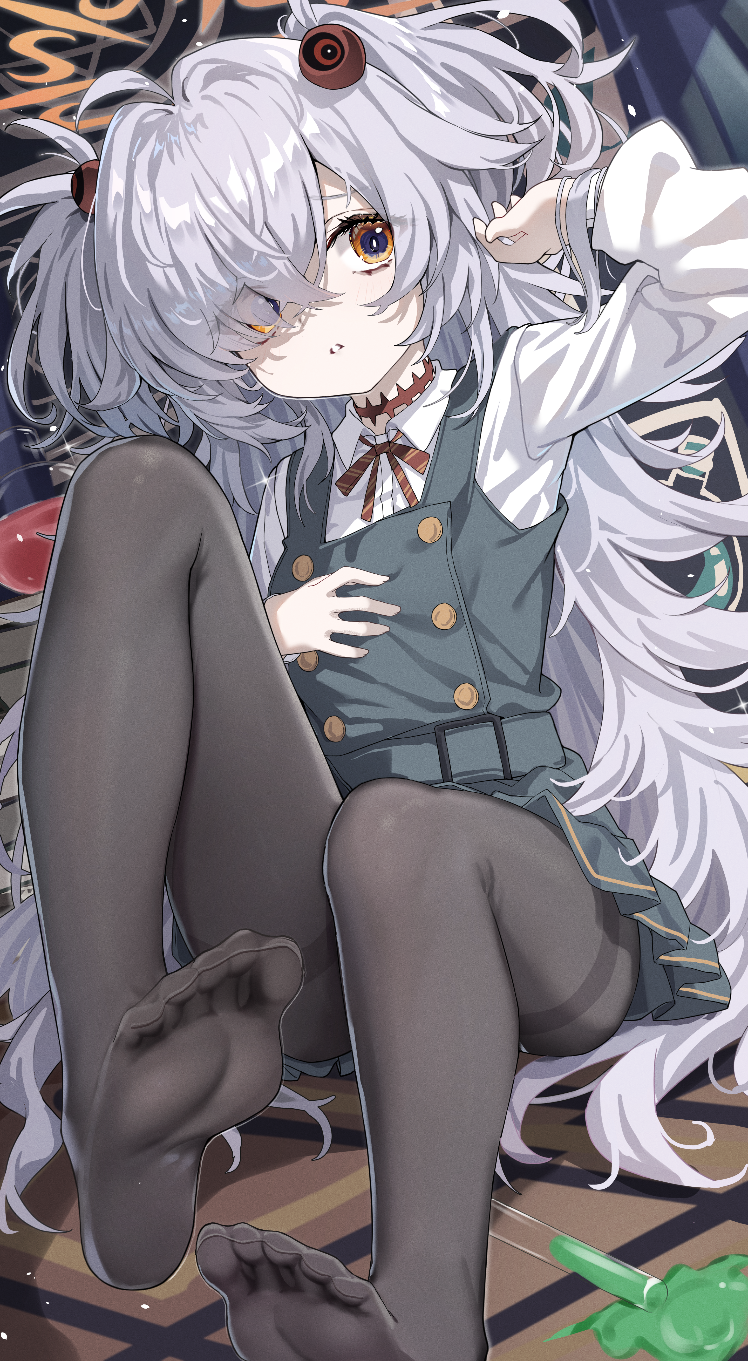 pu ht, kanoe (blue archive), blue archive, absurdres, highres, 1girl, black pantyhose, brown eyes, dress, eyes visible through hair, green dress, grey hair, hair over one eye, halo, hand in own hair, long hair, no shoes, orange halo, pantyhose, red ribbon, ribbon, shirt, sidelocks, soles, solo, two side up, white shirt