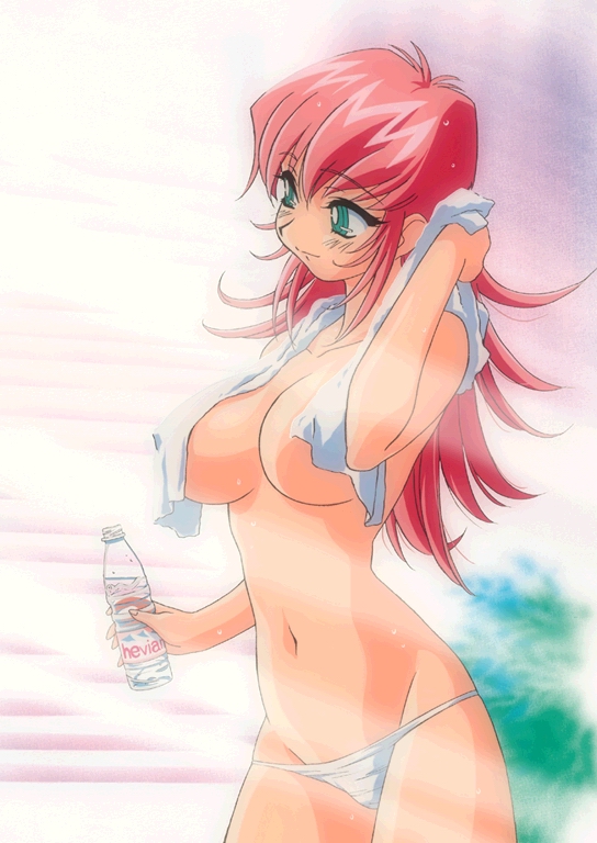 kimura takahiro, raika grace, viper (series), viper f40, official art, 1girl, after shower, aqua eyes, blush, bottle, breasts, covered erect nipples, evian, female focus, green eyes, large breasts, long hair, lowleg, lowleg panties, navel, panties, pink hair, showering, smile, solo, standing, swimsuit, topless female, towel, underwear, underwear only, water, water bottle, wet, white panties