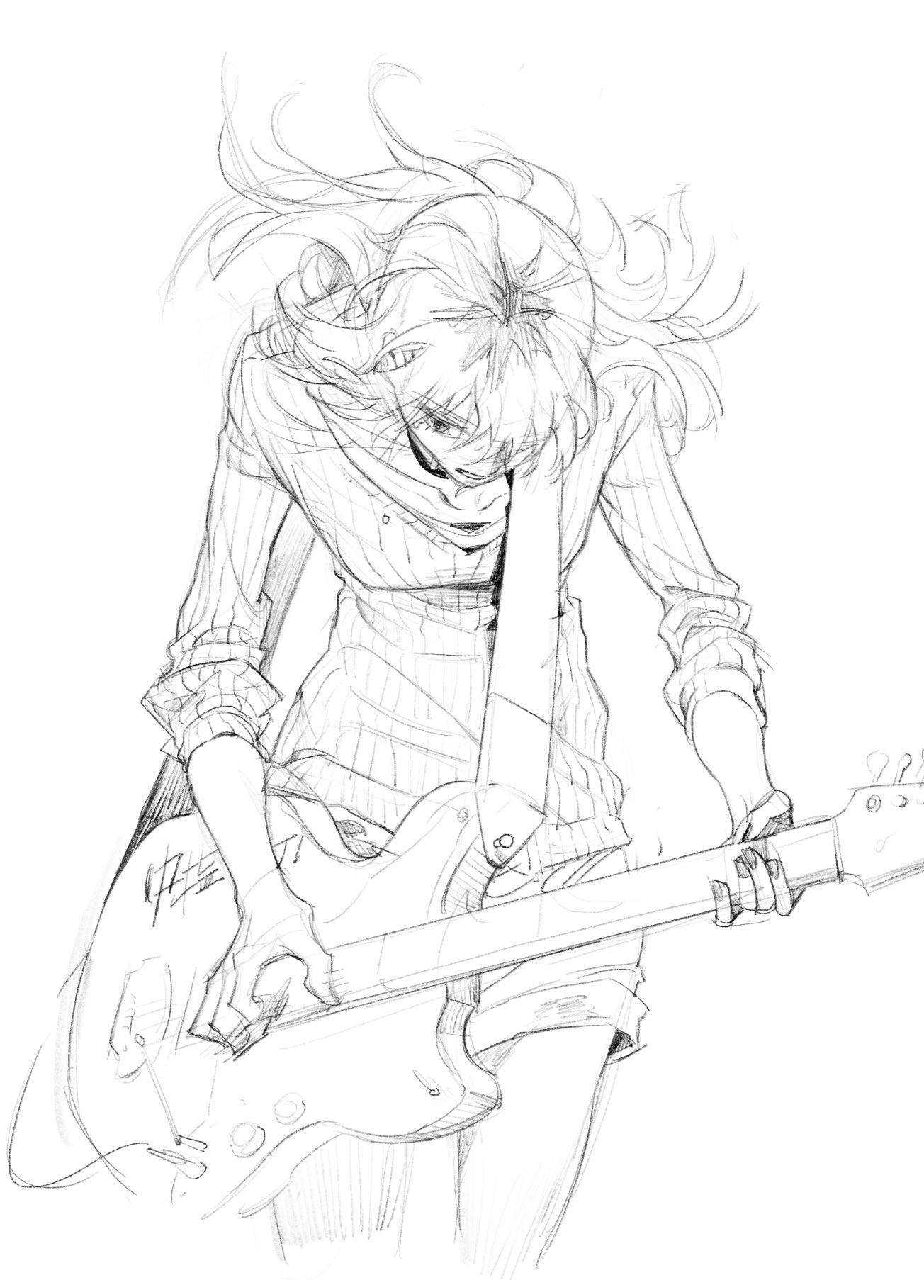kawaragi momoka, girls band cry, commentary, hashtag-only commentary, highres, 1girl, floating hair, instrument, long hair, maldaliza0818, music, open mouth, playing guitar, playing instrument, shorts, sketch, sleeves rolled up, solo, sweat, sweater