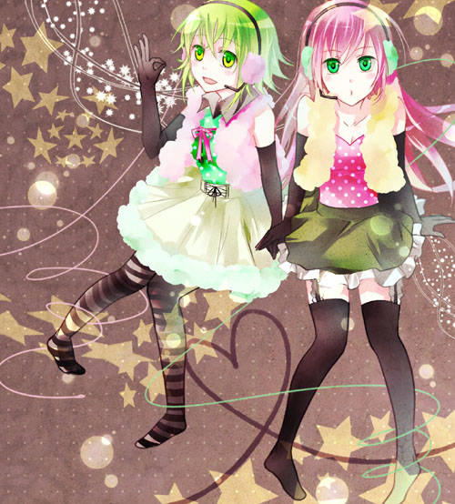 imme 111, gumi, megurine luka, happy synthesizer (vocaloid), vocaloid, 2girls, blue eyes, elbow gloves, gloves, green eyes, green hair, headphones, headset, long hair, looking at viewer, multiple girls, open mouth, pantyhose, pink hair, shirt, short hair, skirt, smile, thighhighs