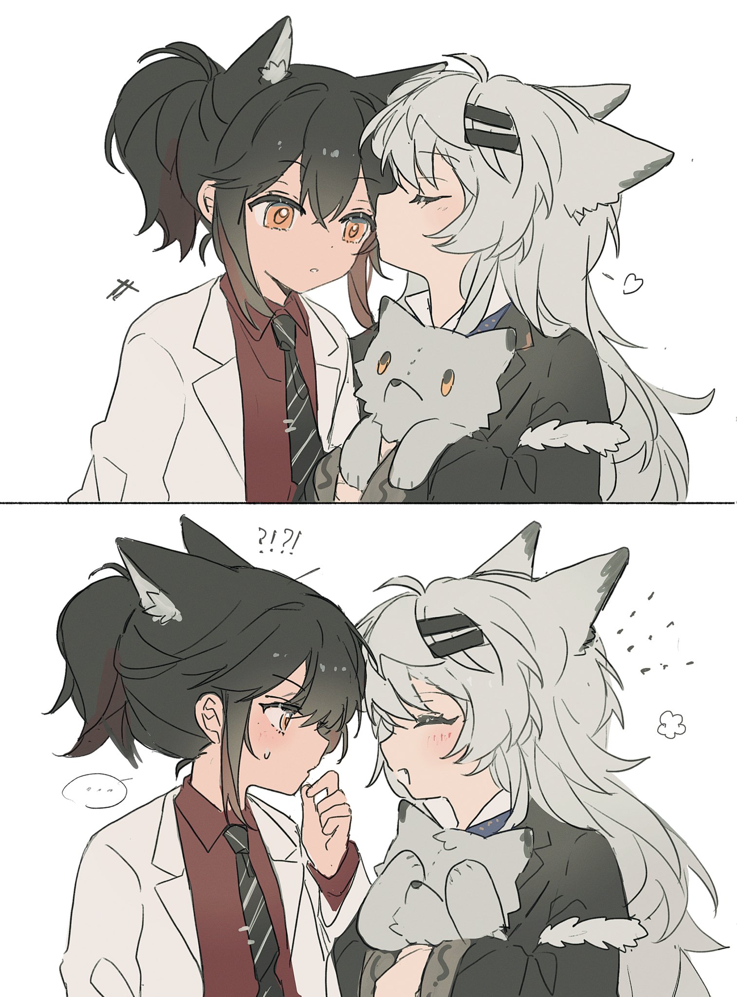 seri (vyrlw), lappland (arknights), texas (arknights), texas (willpower) (arknights), arknights, highres, …, 2girls, aged down, animal ears, black coat, black hair, black necktie, blush, closed eyes, coat, collared shirt, fang, grey hair, hair ornament, hairclip, jacket, kiss, kissing cheek, long hair, multiple girls, necktie, official alternate color, official alternate costume, open mouth, ponytail, red shirt, shirt, simple background, smile, spoken ellipsis, stuffed wolf, sweatdrop, white background, white jacket, wolf ears, yuri