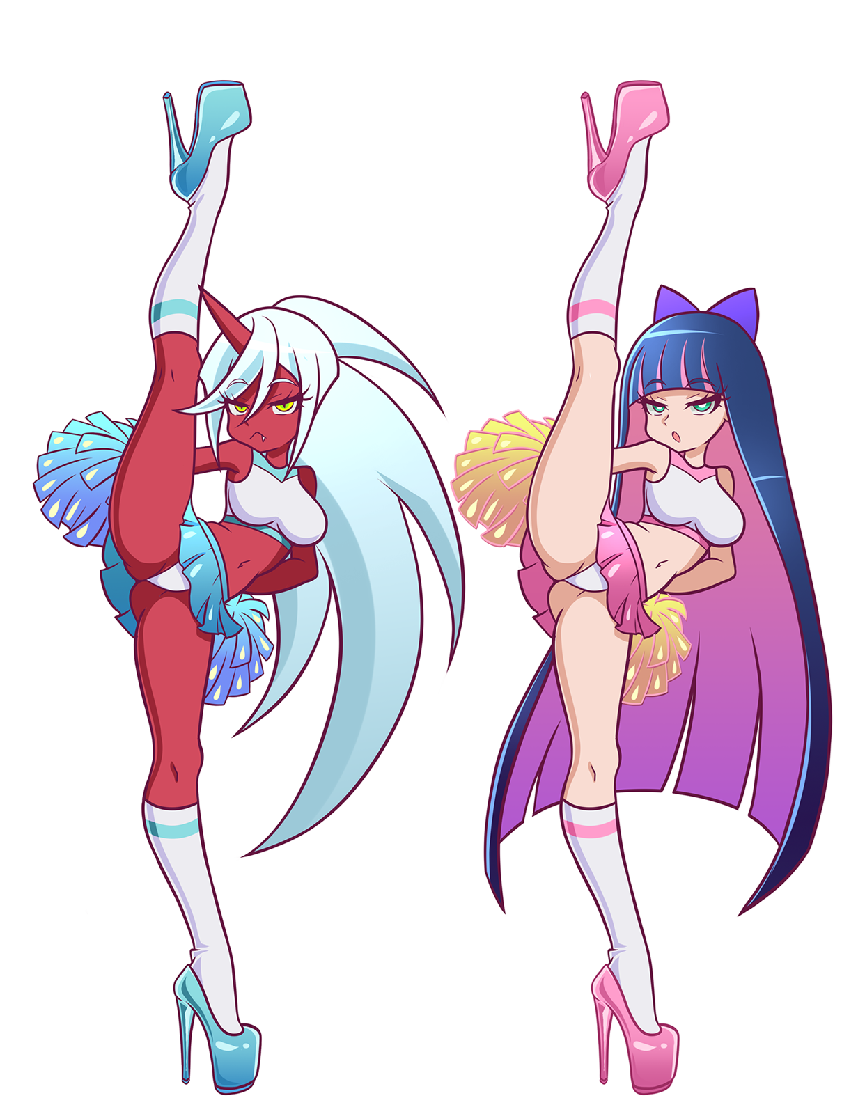 kneesocks (psg), stocking (psg), panty & stocking with garterbelt, horn, 2girls, breasts, cheerleader, colored skin, demon girl, demon horn, high heels, leg lift, long hair, multicolored hair, multiple girls, platform heels, pom pom (cheerleading), red skin, skirt, socks, underwear, very long hair