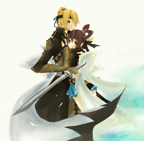 skylimit, kyle (suikoden), miakis (suikoden), gensou suikoden, gensou suikoden v, lowres, 1boy, 1girl, couple, head rest, height difference, hetero, purple eyes, purple hair, size difference, sword, weapon