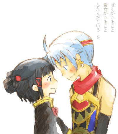 muro, freyjadour falenas, lyon (suikoden), gensou suikoden, gensou suikoden v, lowres, 1boy, 1girl, chibi, couple, half updo, hetero