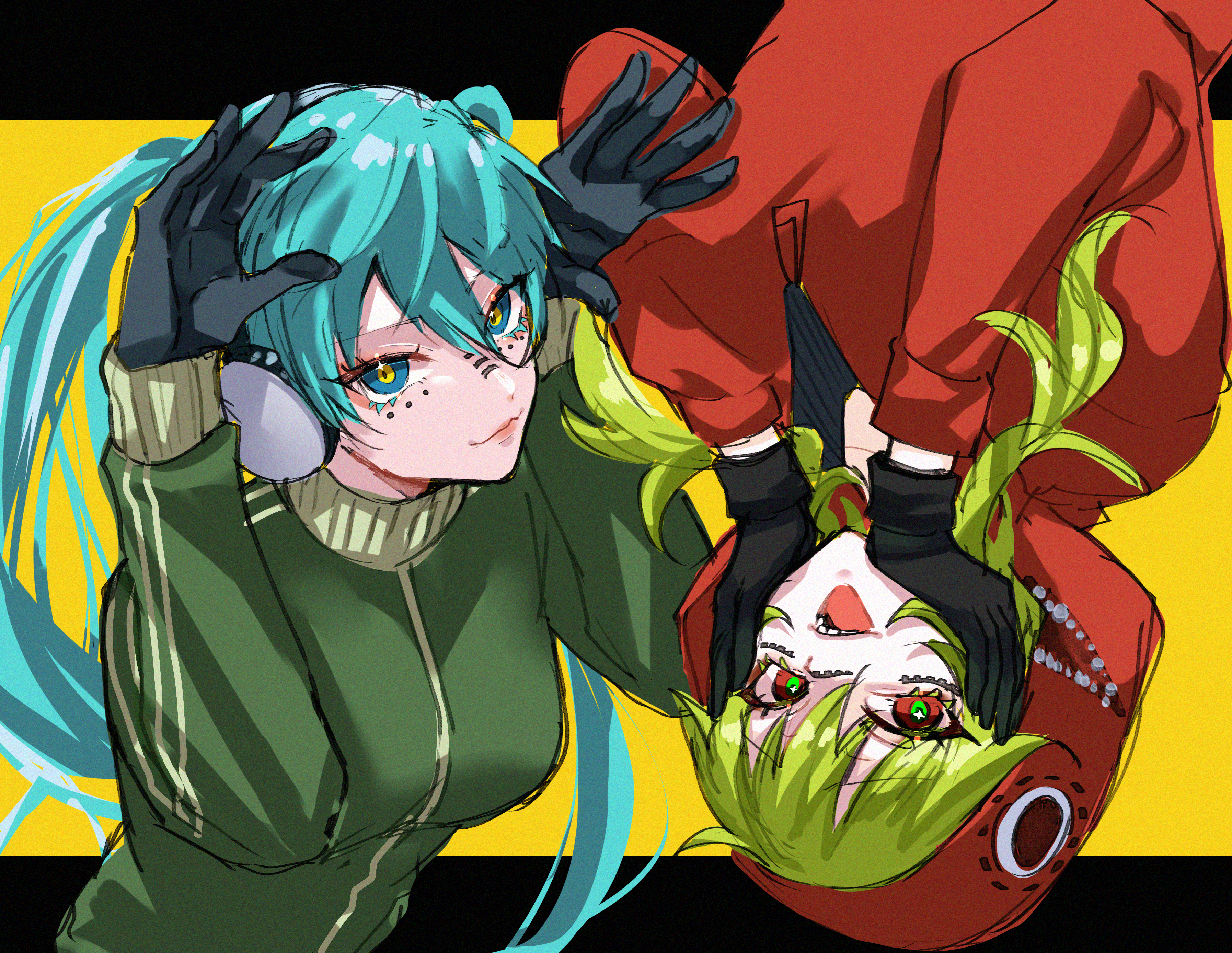 shioimo chan 2, gumi, hatsune miku, matryoshka (vocaloid), vocaloid, absurdres, highres, 2girls, aqua hair, blue hair, clown mask, crazy eyes, gloves, green eyes, green hair, headphones, hood, hoodie, jacket, long hair, looking at viewer, mask, multicolored eyes, multiple girls, red eyes, red hoodie, short hair, smile, smiley face, twintails, yellow background