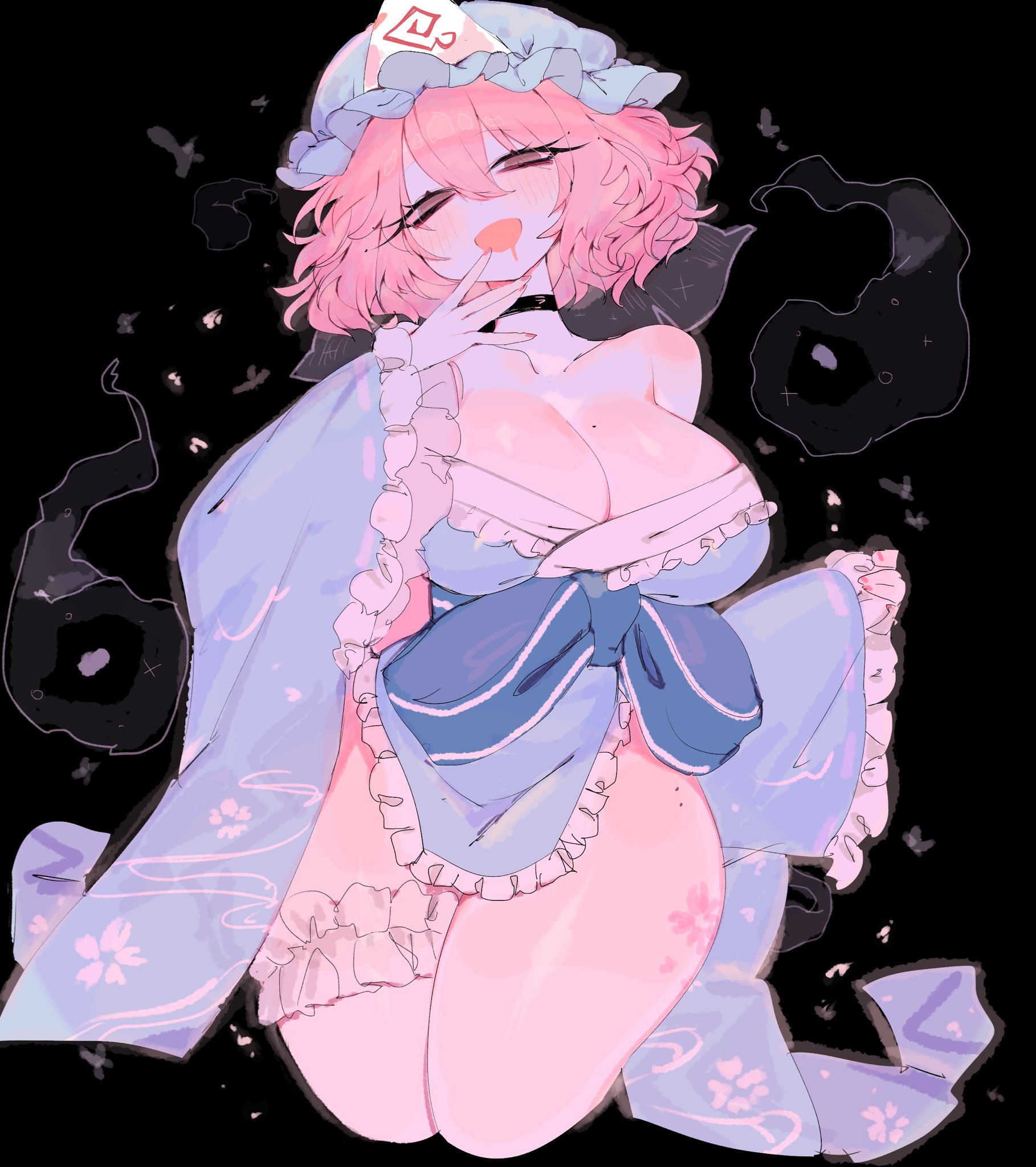 usa37107692, saigyouji yuyuko, touhou, highres, 1girl, blush, bow, breasts, hat, japanese clothes, kimono, long sleeves, looking at viewer, mob cap, open mouth, pink hair, red eyes, ribbon, short hair, solo, thighs, triangular headpiece, wide sleeves
