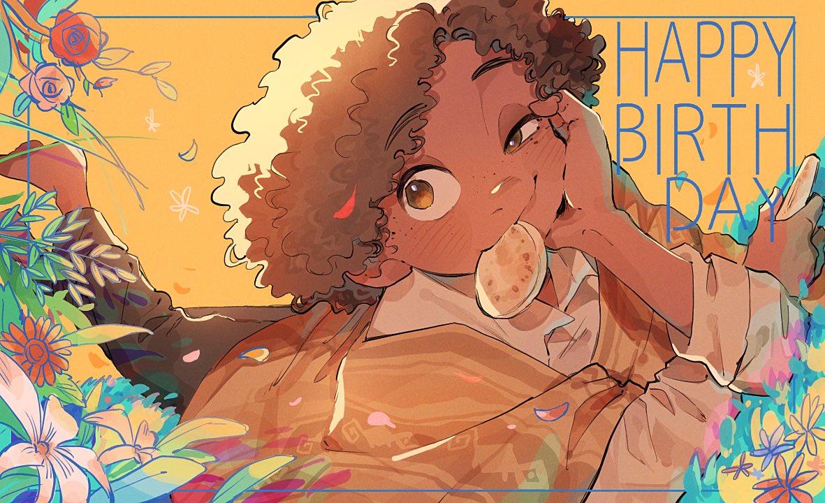 camilo madrigal, encanto, 1boy, afro, arepa, brown eyes, brown hair, colombian clothes, curly hair, dark-skinned female, dark-skinned male, dark skin, happy birthday, male focus, miz esc, poncho, shirt, short hair, simple background, smile, white shirt, yellow poncho