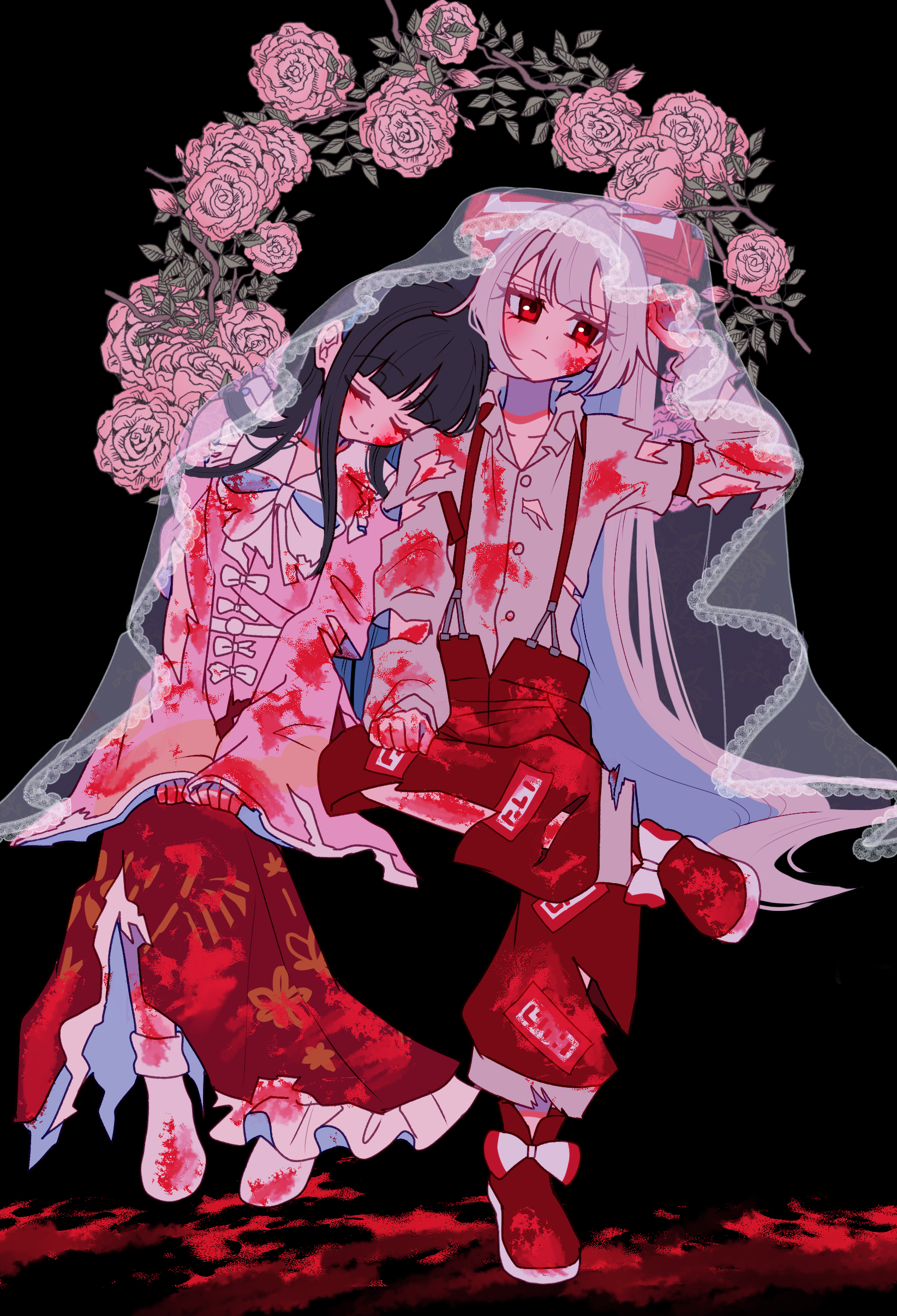 tamiko (tamik0224), fujiwara no mokou, houraisan kaguya, touhou, absurdres, commentary request, flower request, highres, 2girls, black background, black hair, blood, blood on clothes, blood on face, blood on hands, blush, boots, bow, bowtie, closed eyes, closed mouth, crossed legs, flower, grey hair, grey shirt, hair bow, leaning on person, long hair, long skirt, long sleeves, multiple girls, ofuda, ofuda on clothes, pants, pink flower, pink shirt, red boots, red eyes, red pants, see-through clothes, see-through veil, shared veil, shirt, simple background, skirt, smile, suspenders, torn clothes, torn pants, torn shirt, torn skirt, veil, very long hair, white bow, white bowtie, wide sleeves, yuri