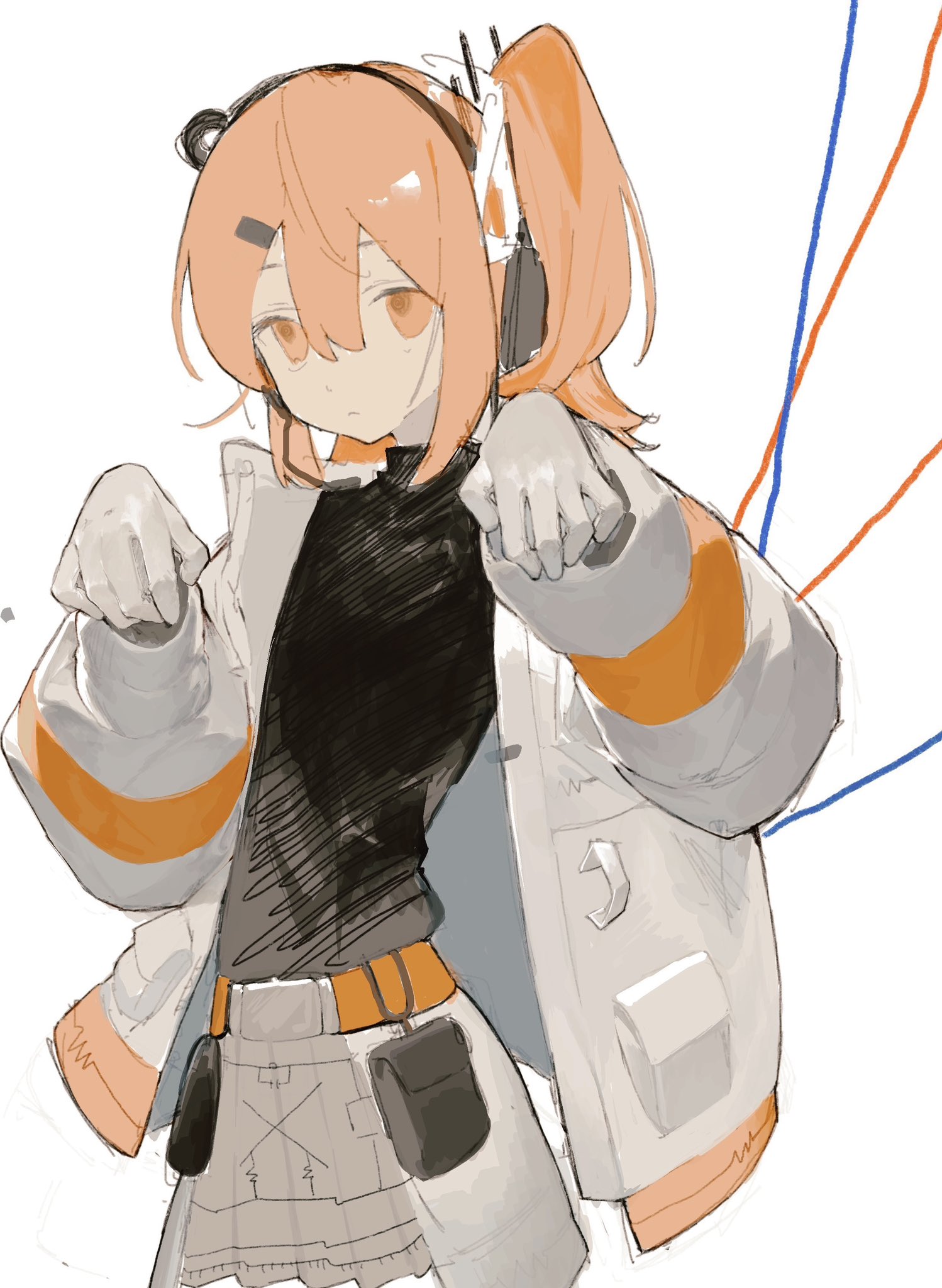 yuuinai, adachi rei, a.i. voice, utau, commentary, highres, 1girl, belt, black sweater, cable, closed mouth, gloves, hair between eyes, hair ornament, hair ribbon, hairclip, headlamp, jacket, long sleeves, open clothes, open jacket, orange eyes, orange hair, outstretched arms, ribbon, simple background, skirt, solo, sweater, turtleneck, turtleneck sweater, white background, white gloves, white ribbon, zombie pose