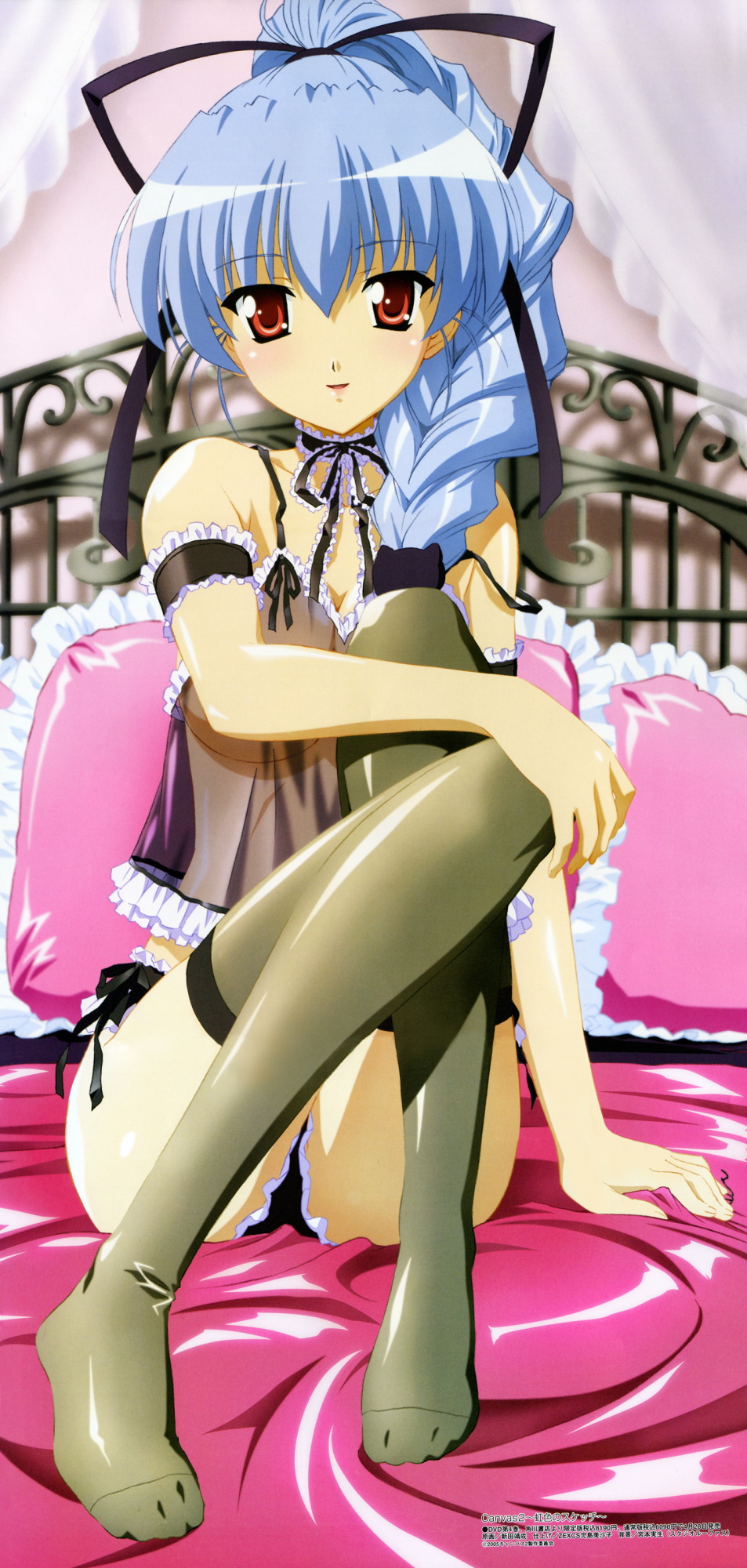nitta yasunari, fujinami tomoko, canvas (cocktail soft), canvas 2, megami magazine, highres, non-web source, scan, 00s, 1girl, arm garter, arm support, black panties, black thighhighs, blue hair, blush, braid, camisole, choker, female focus, frilled panties, frills, hair ribbon, legs, lingerie, long hair, long legs, panties, pantyshot, red eyes, ribbon, see-through clothes, side-tie panties, single braid, sitting, solo, thighhighs, underwear