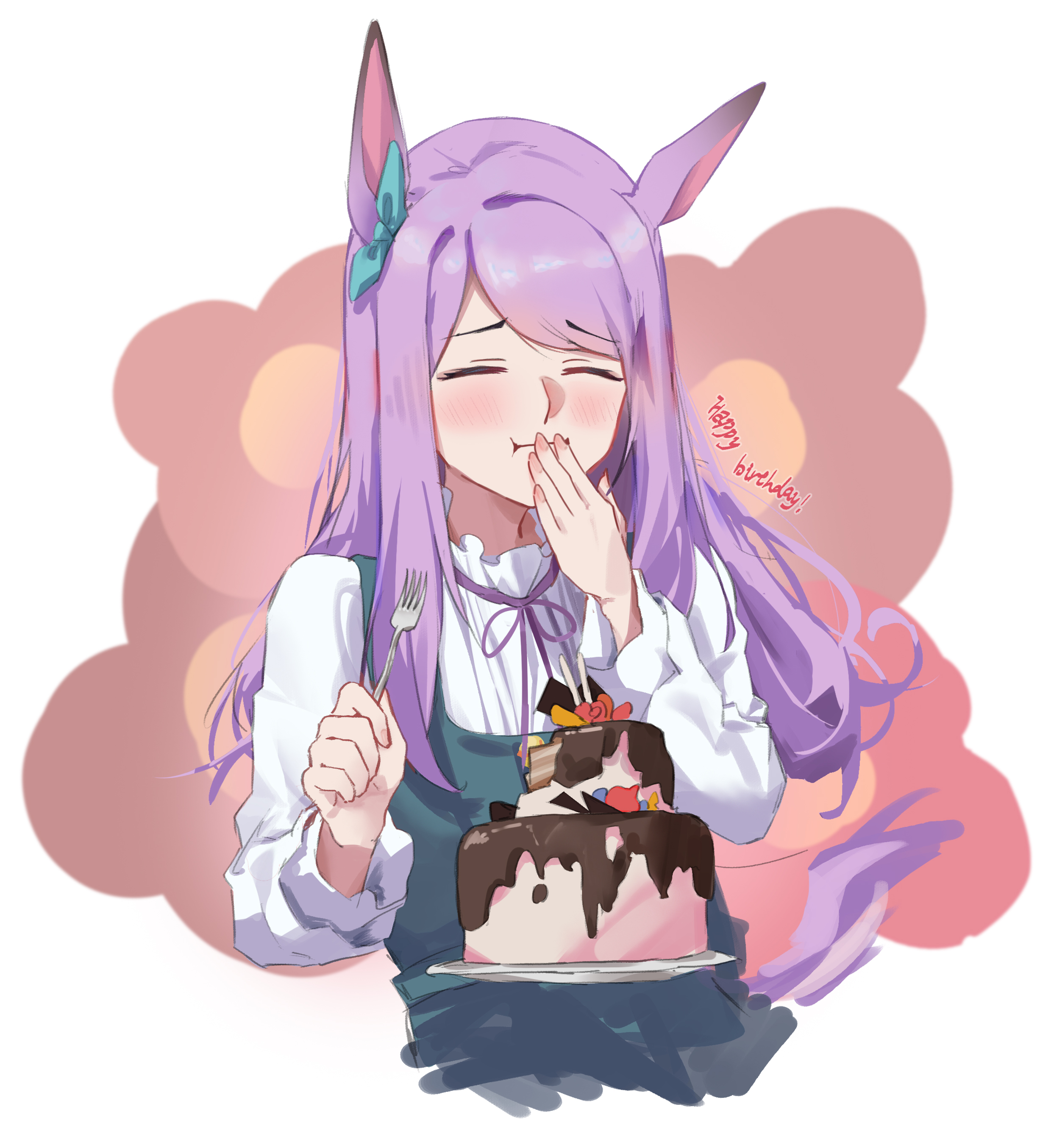 mejiro mcqueen (umamusume), umamusume, absurdres, highres, 1girl, animal ears, blue ribbon, blush, cake, closed eyes, closed mouth, covering own mouth, dress, food, food in mouth, fork, green dress, hair ribbon, holding, holding fork, horse ears, horse girl, purple hair, ribbon, shirt, solo, tuomali, upper body, white shirt