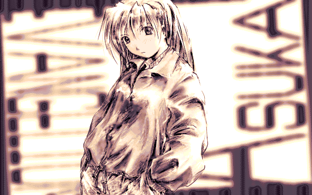 harada takehito, souryuu asuka langley, neon genesis evangelion, non-web source, 1girl, female focus, hands in pockets, monochrome, pc-98 (style), solo, yellow theme